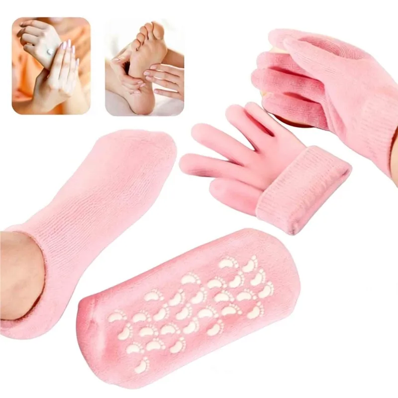 Silikon-Socken und -Handschuhe - Feuchtigkeitsspendende Gel-Spa-Peeling-Handschuhe zur Vorbeugung von Trockener, Rissiger, Abgestorbener Haut - Fuß-/Handpflege-Tool Image