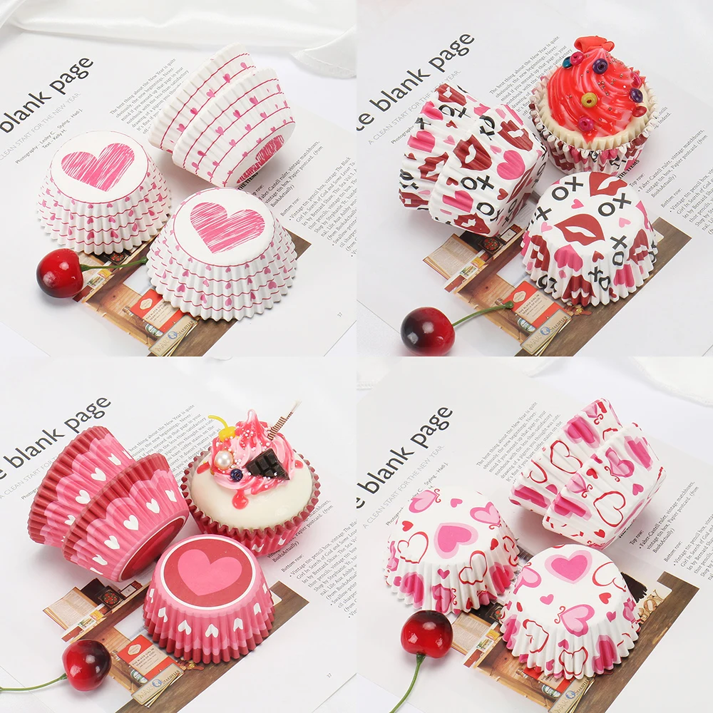 100 Stück Romantische Rote Herz PVC Cupcake Liner Wrapper Tasse Liebe XOXO Backen Muffin Boxen für Valentinstag Hochzeit Party Dekor Image