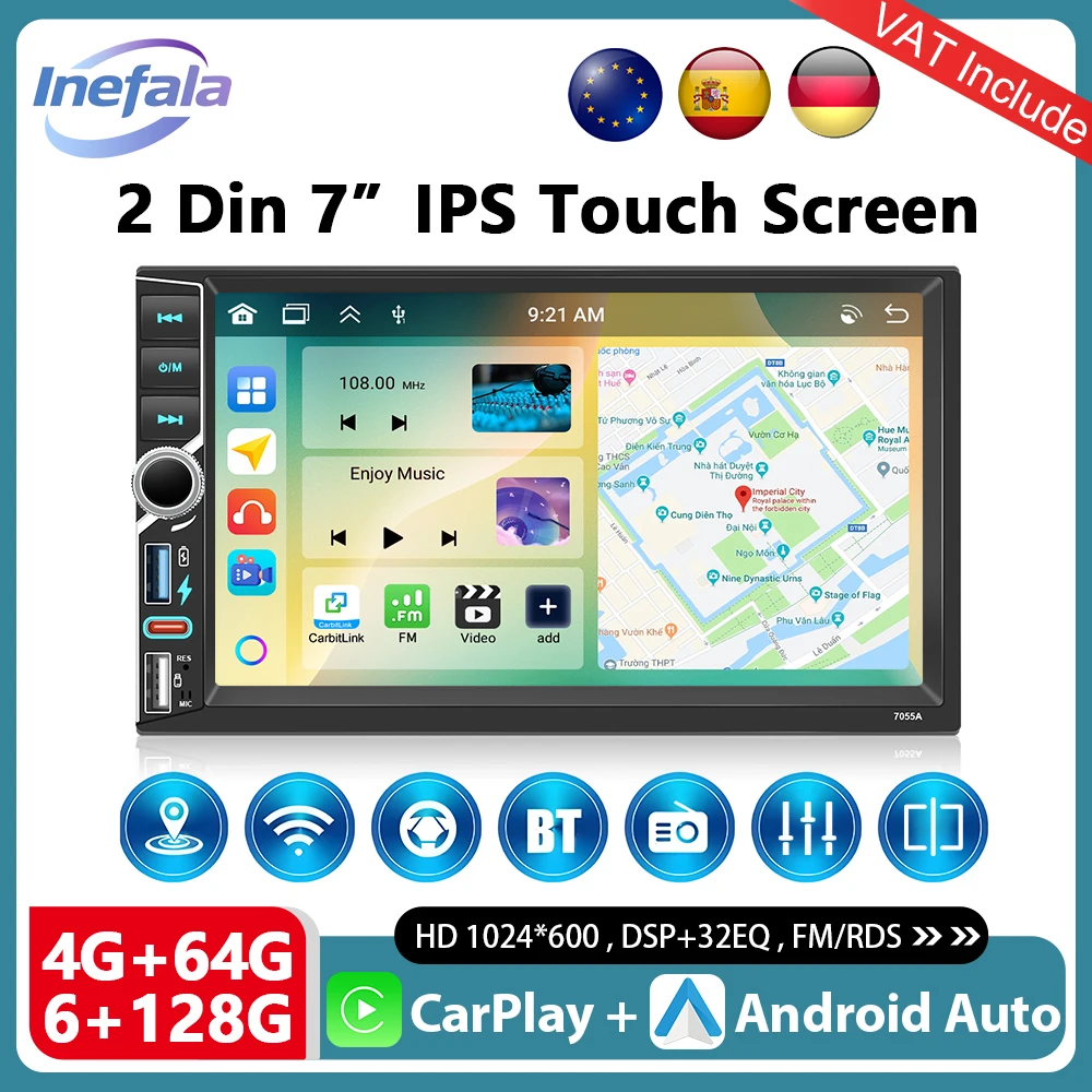 Podofo 7 Zoll CarPlay Android Autoradio 2-DIN Universelles Auto-Multimedia-Player GPS Stereo-Empfänger RDS BT Head Unit IPS Autoradio Image