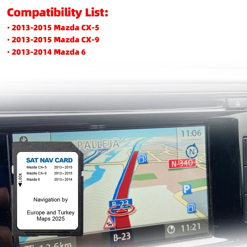 Update-Speicherkarte Sat Nav für Mazda 6 CX5 CX9 2025 Navigation SD-Karte 8 GB EU Türkei UK GPS-Karte Version Karte Navi-Software