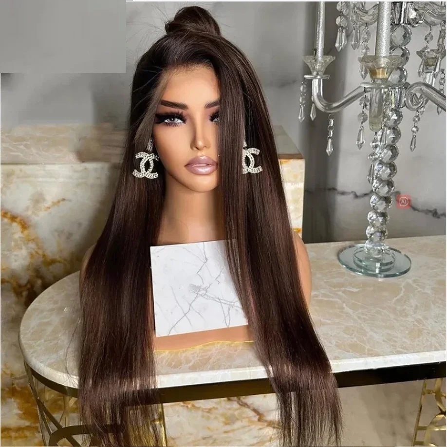 30 Zoll weiche vorgezupfte braune Farbe 180 Dichte gerade synthetische Lace-Front-Perücke mit Babyhaar, ohne Kleber, täglich hitzebeständig Image