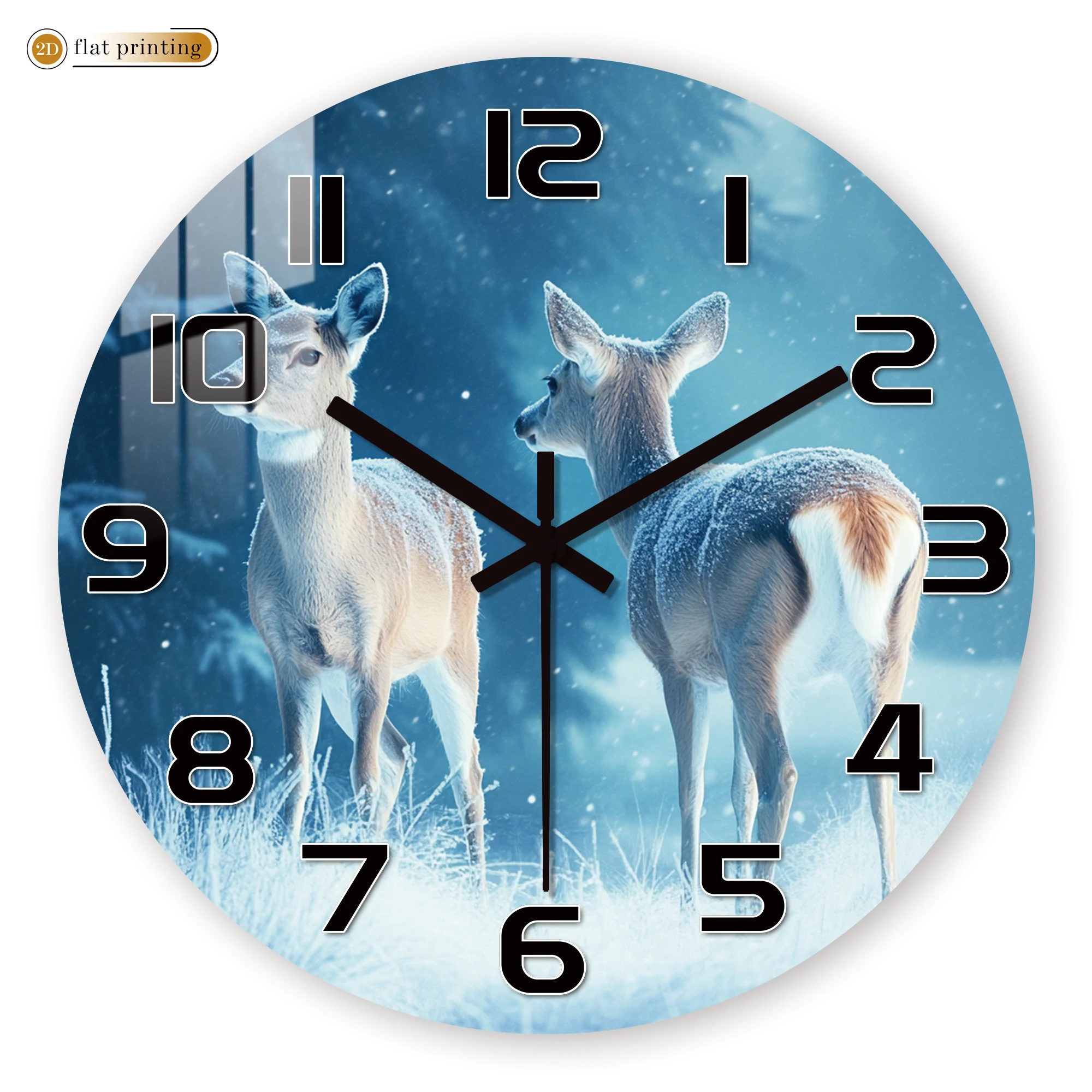 Wanduhr mit verschneiter Hirschszene, 2D-Flachdruckuhr mit Wintertier, elegante Heim- und Bürodekoration Image