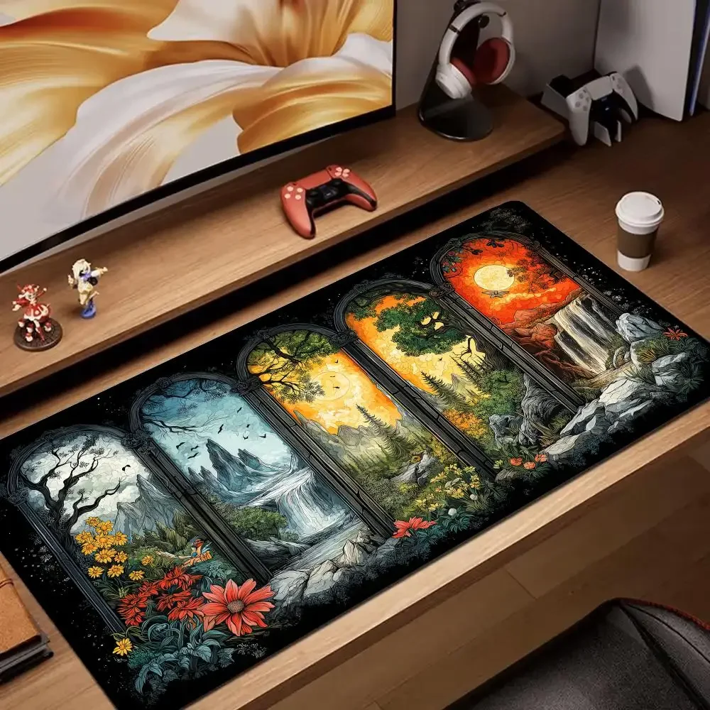 Four Seasons Window Fantasy Mauspad, großes, rutschfestes, wasserdichtes Schreibtischpad für Büro, Zuhause, Naturkunst-Stil, Gaming-Laptop-Mauspad Image