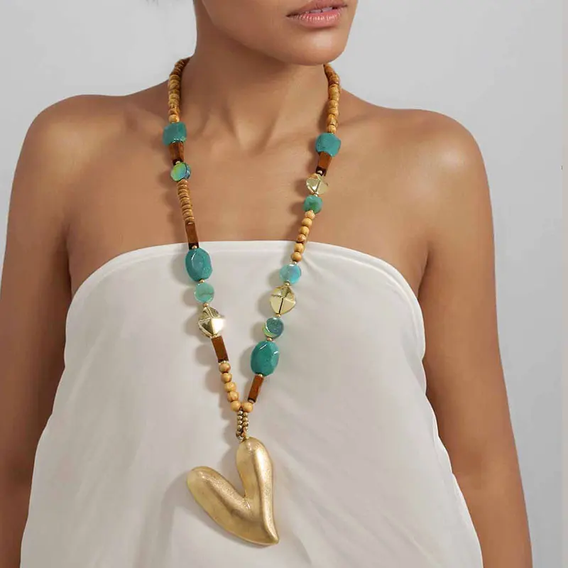 Statement-Boho-Perlen-Halskette mit Herz-Anhänger, handgefertigt für Frauen, Hochzeit, Party, Schmuck Image