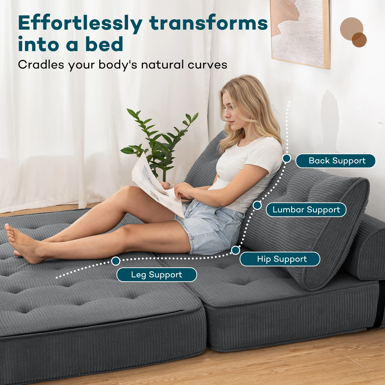 Klappbares Schlafsofa 3-in-1 Verwandelbar in Queensize mit 2 Kissen Faltbare Couch-Matratze mit Rückenstütze Image