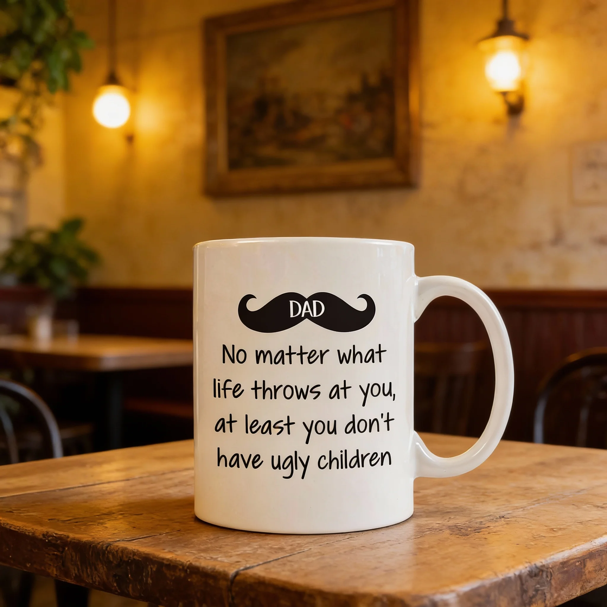 Vater-Teetasse mit lustigem Aufdruck 'No Matter What Ugly Children' - Scherzartikel und einzigartiges Geburtstagsgeschenk für Männer von Tochter, Sohn, Kindern oder Ehefrau Image
