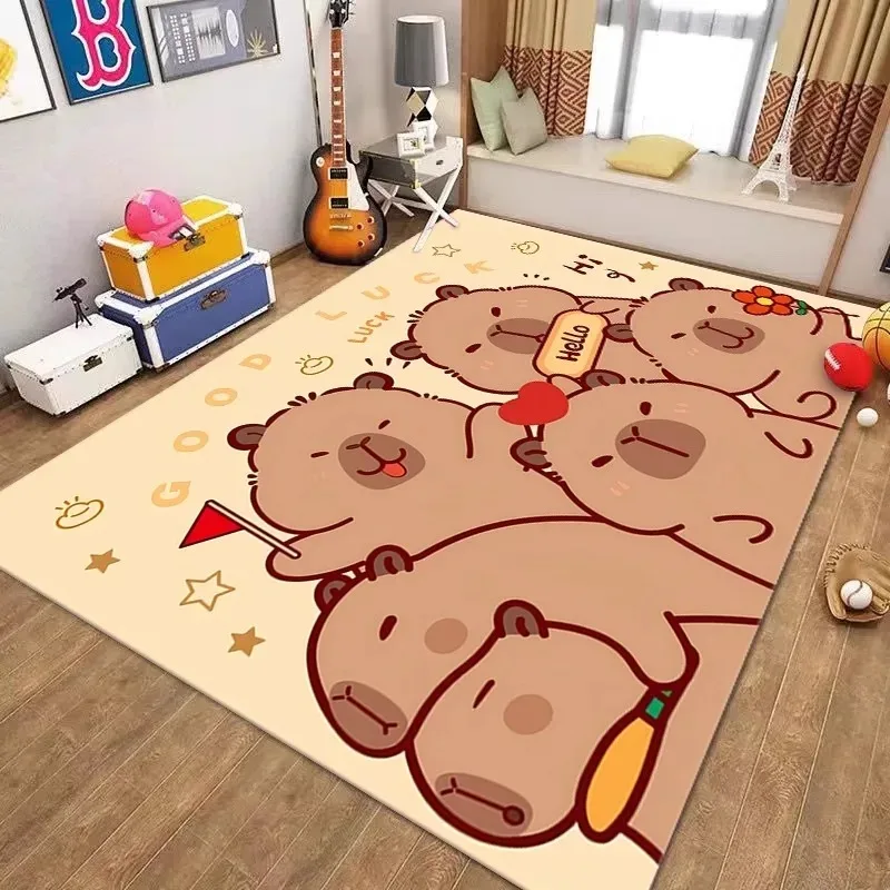 MINISO Kawaii Capybara HD-Druck-Teppich für gemütliche Schlafzimmerdekoration, Wohnzimmer, rutschfester, verspielter Teppich für Heimdekoration, jeder Platz Image