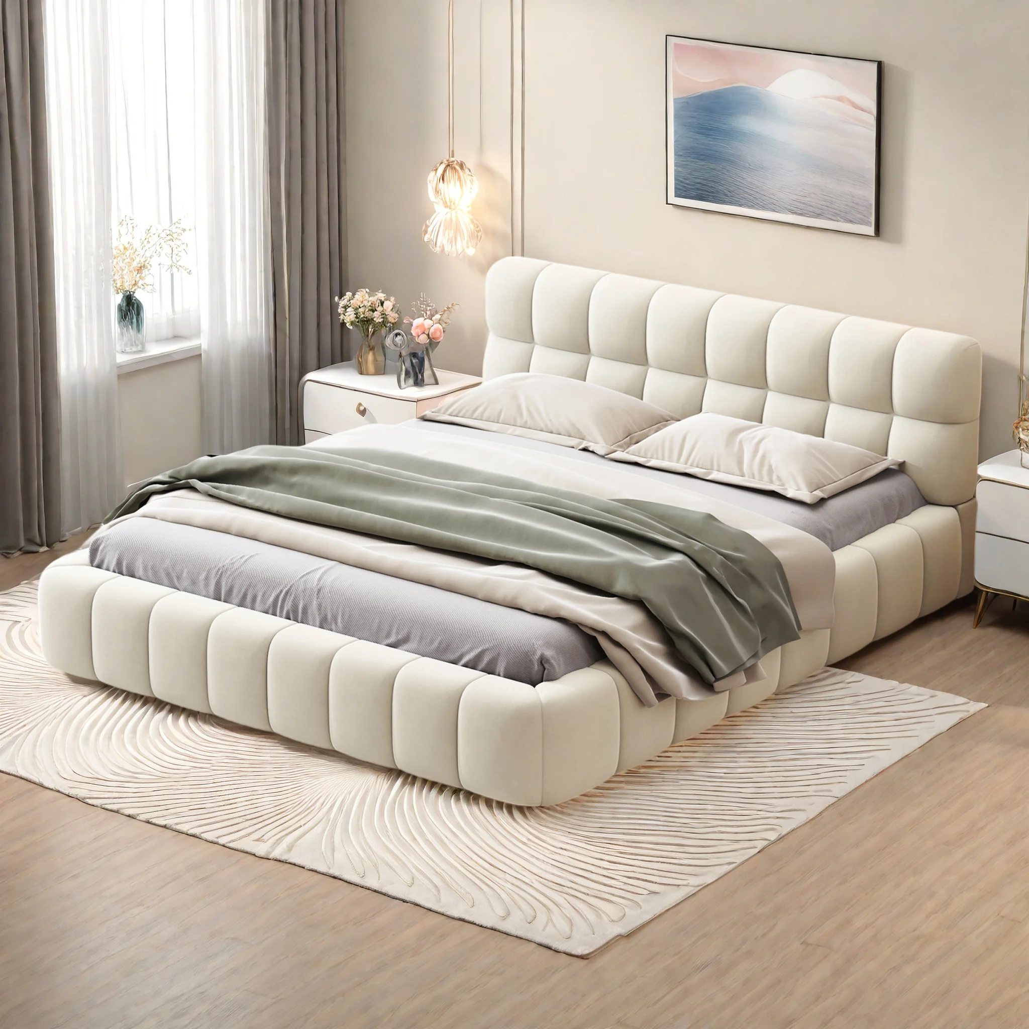 Rosahqnda Weiche Rückenlehne, gepolstertes Bett, Stand-Doppelbett, flaches Bett, gepolsterte Kante, Lattenrost, Leinen ohne Matratze Image