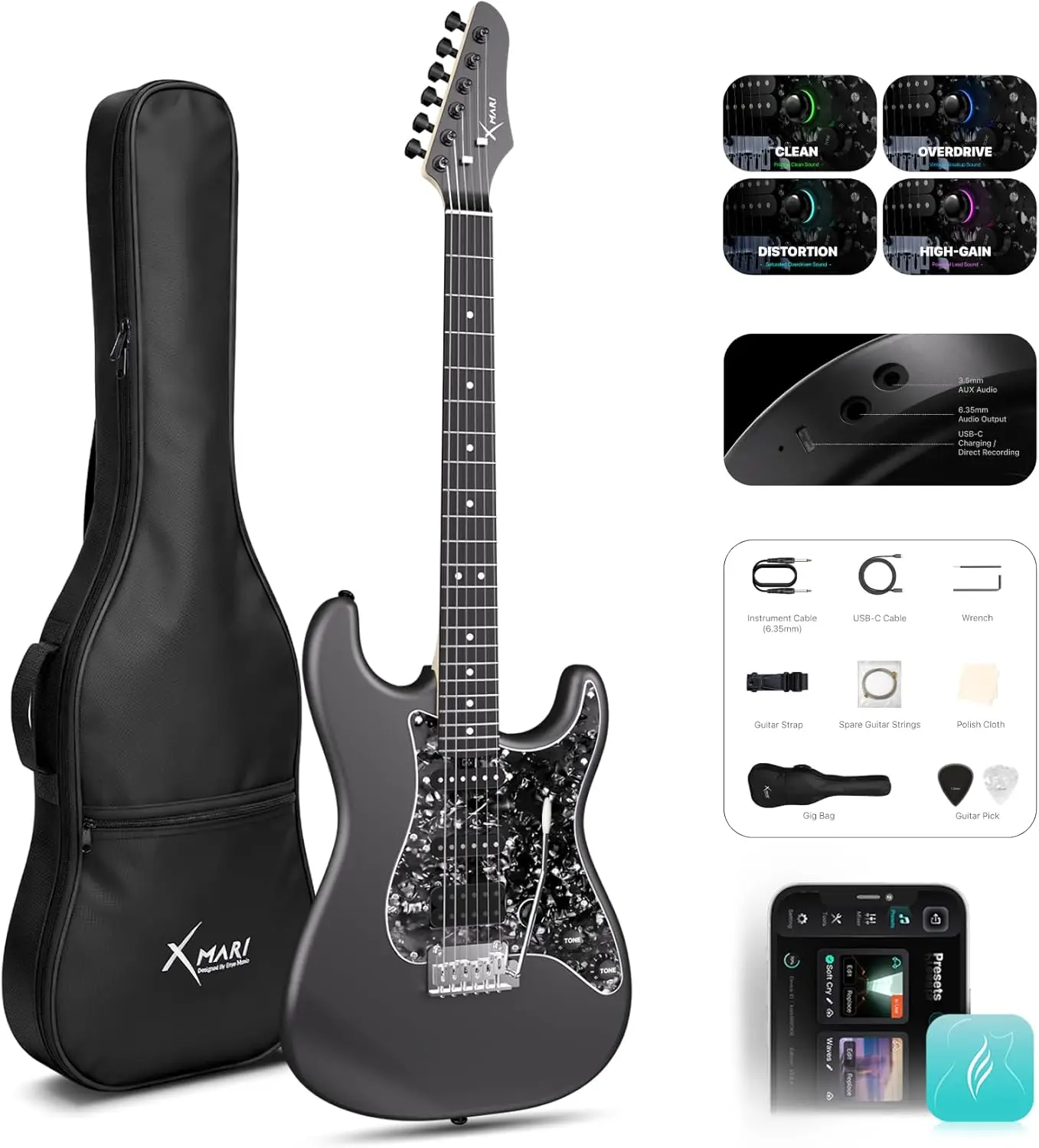 Enya XMARI E-Gitarre mit DSP-Effekten, 4 Presets, USB-C-Aufnahme, Kohlefaser-Korpus. Komplettes Set enthalten. Image