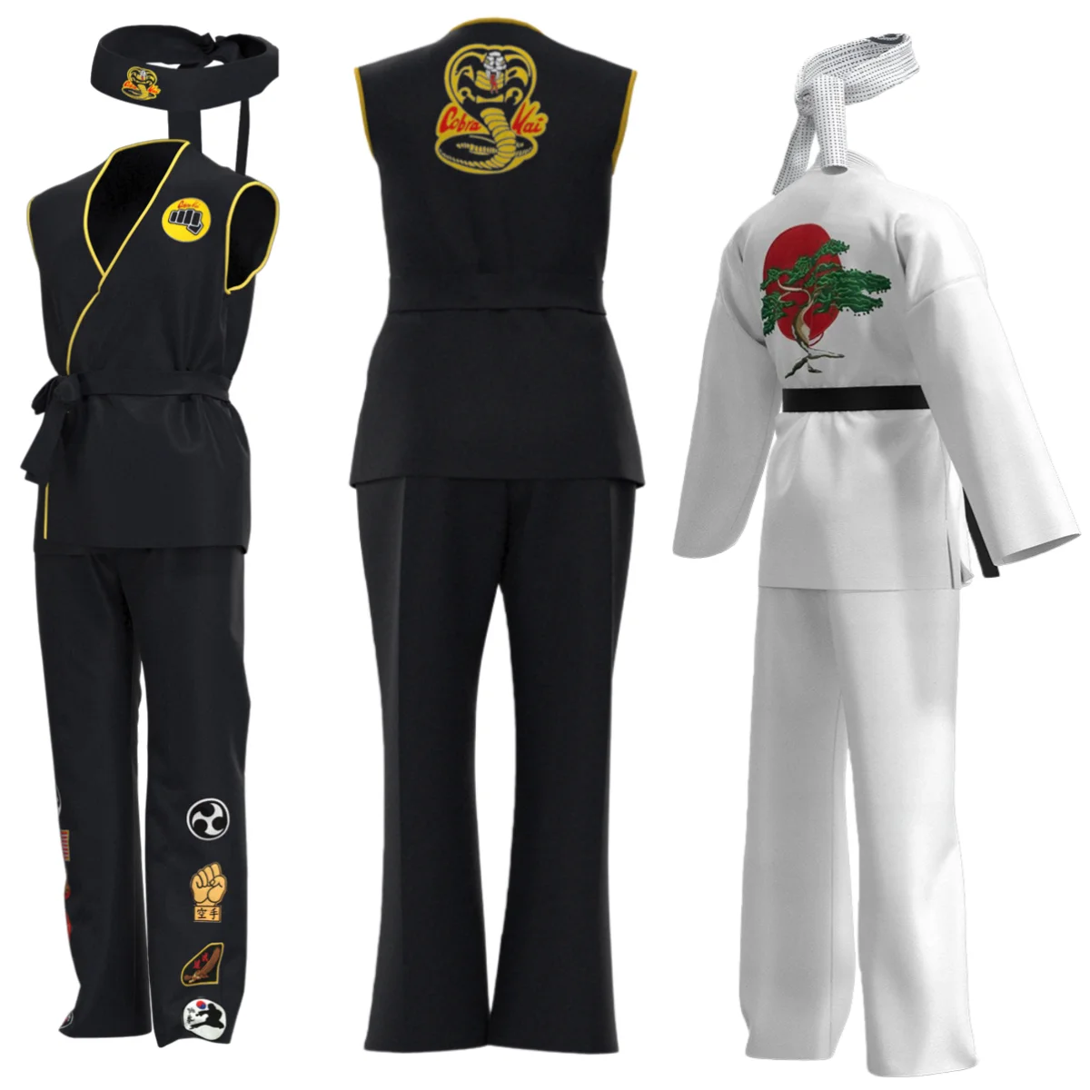 Moive Karate Kid KOF Cobra Kai Cosplay-Kostüm, schwarz-weißer Kimono-Uniform mit Stirnband für Kinder und Erwachsene, Halloween-Trainingsanzug Image