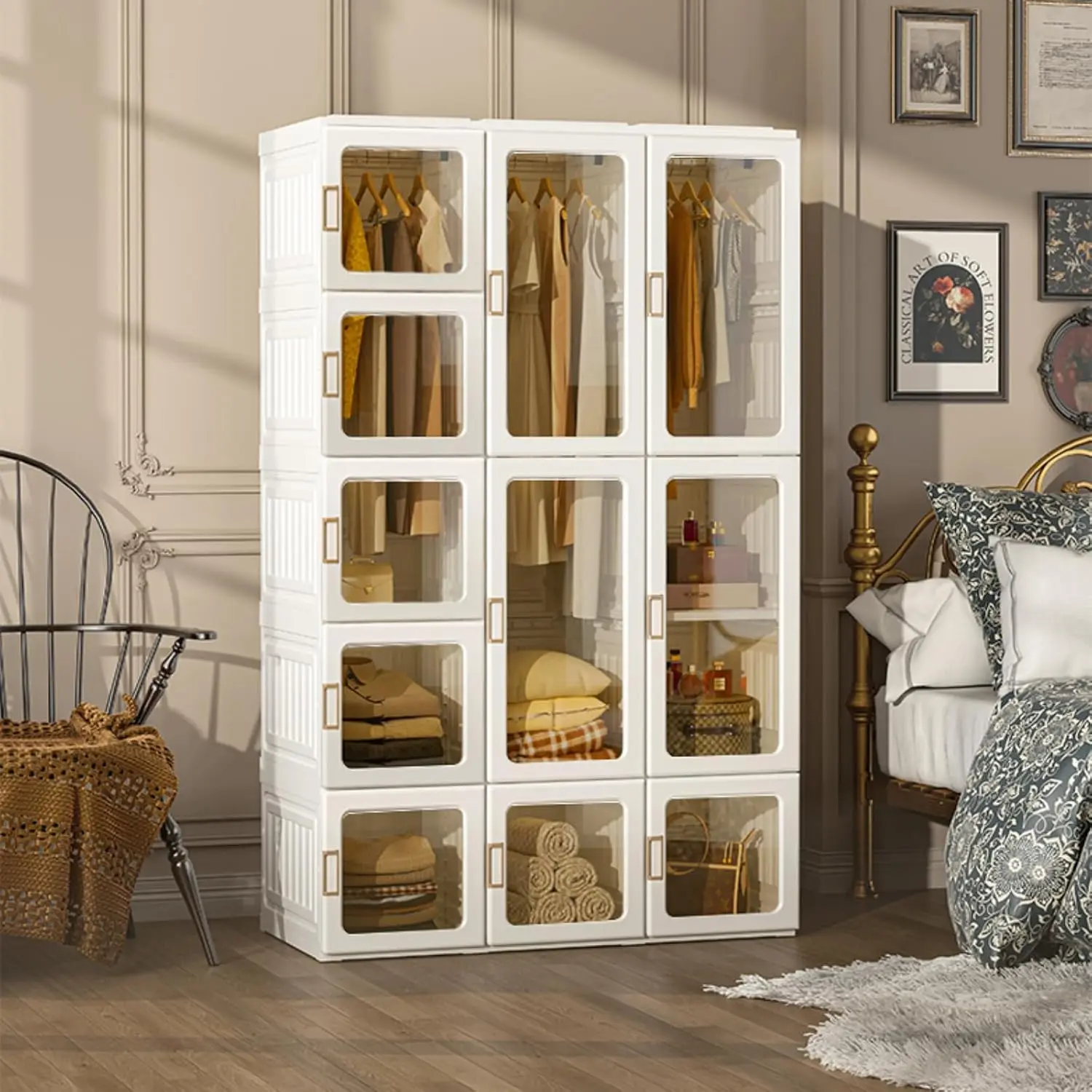 Klappbarer Kleiderschrank, 104 x 170 x 50 cm, schnelle Montage, vielseitiger Kleiderschrank mit Kleiderstange und magnetischen Türen, perfekt für Schlafzimmer