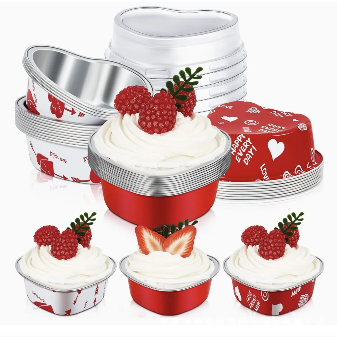 20 Stück Einweg-Herzförmige Kuchenformen aus Aluminiumfolie Backformen für Cupcakes und Pudding mit Deckel Bäckereizubehör Kuchenform Image