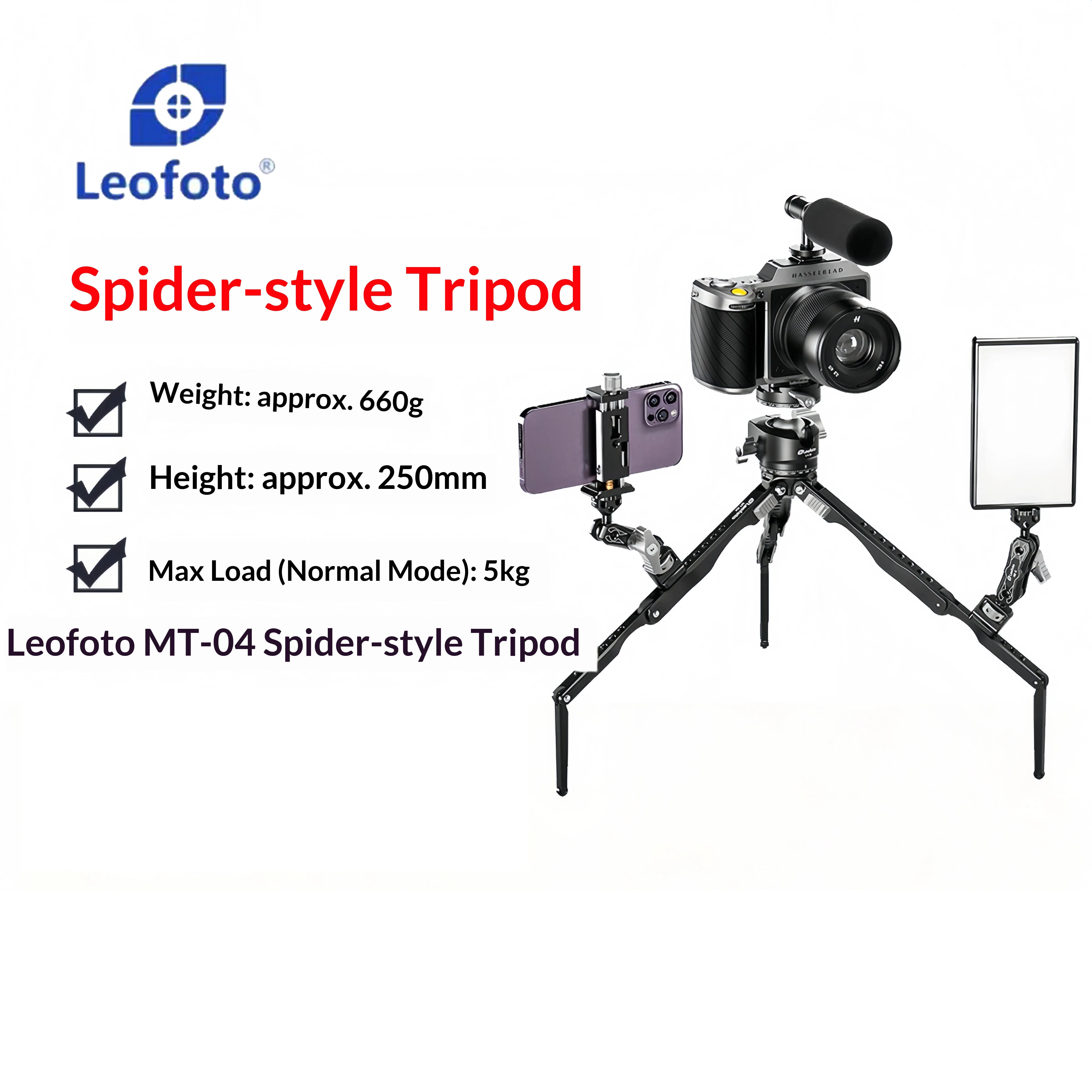 Leofoto MT-04 Spider-Type Desktop-Stativ DSLR & Smartphone Selfie-Unterstützung Panorama-Kopf-Streamer & Vlogging Image