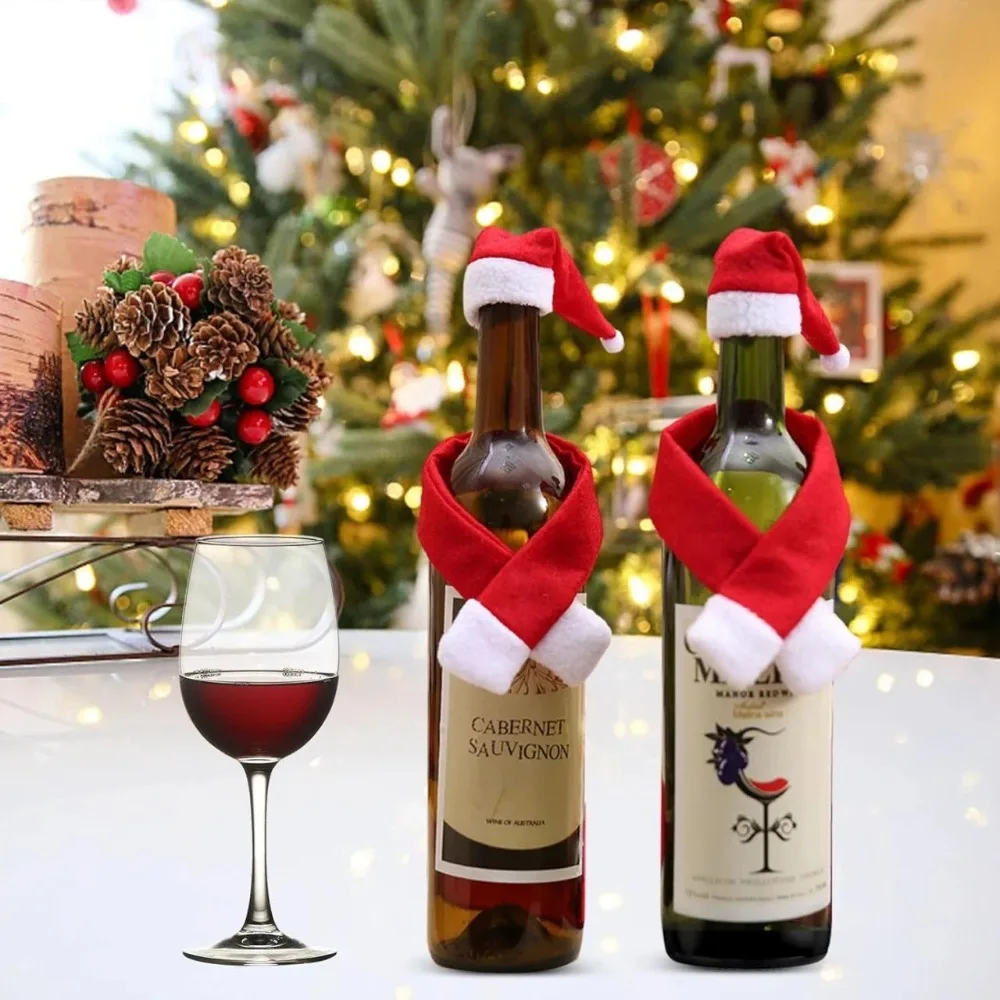 Weihnachts-Weinflaschenhülle, rot, Mini-Weihnachtsmann-Schal und Hut, Weinflasche, Geschenk für Weihnachtsbaum, Navidad, Weihnachtsfeier, Tischdekoration Image