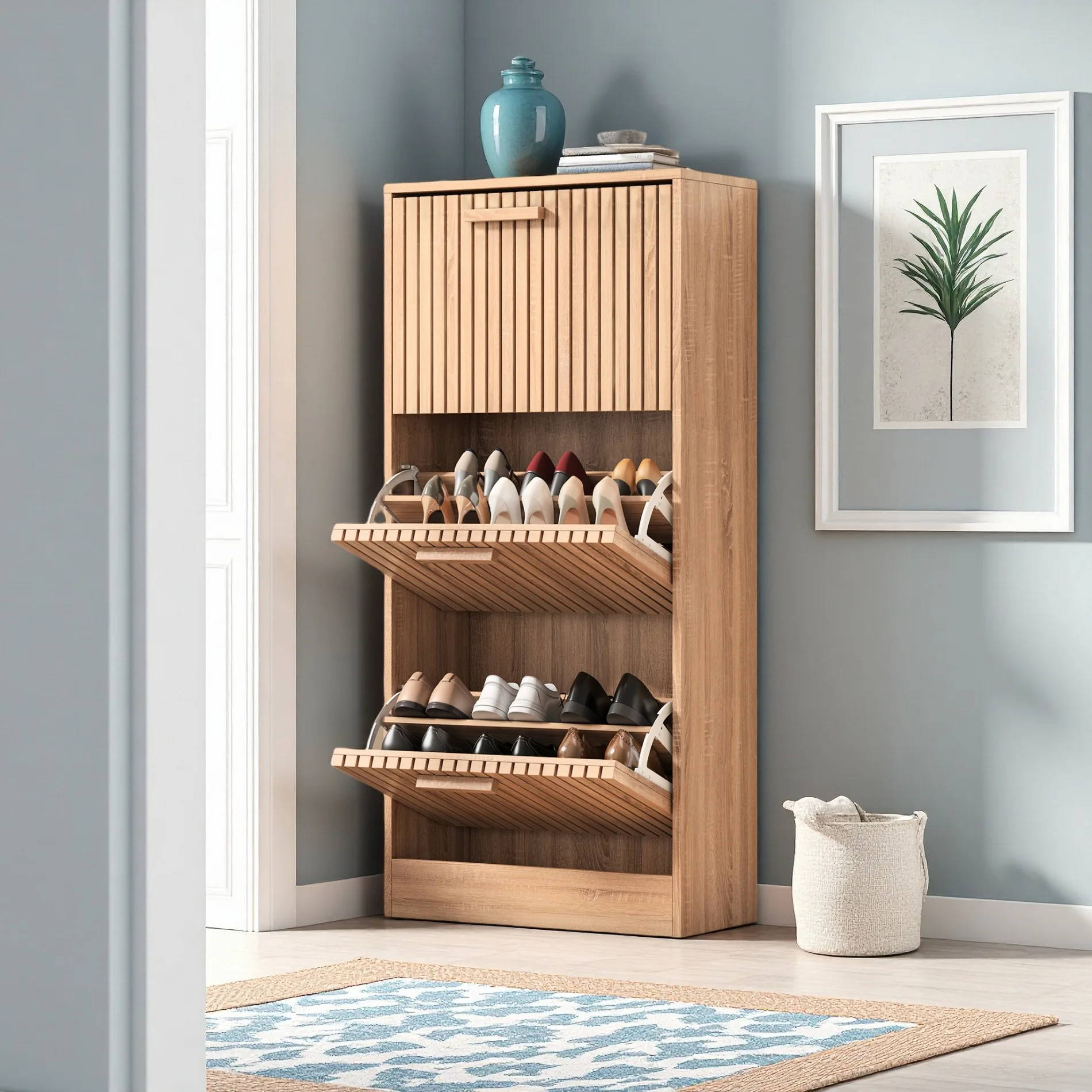 Rosahqnda Schuhschrank, Holz-Schuhschrank mit 3 Türen, Freistehender Schuhständer für Flur, Eingangsbereich, Sideboard mit Atmungsaktiven Paneelen