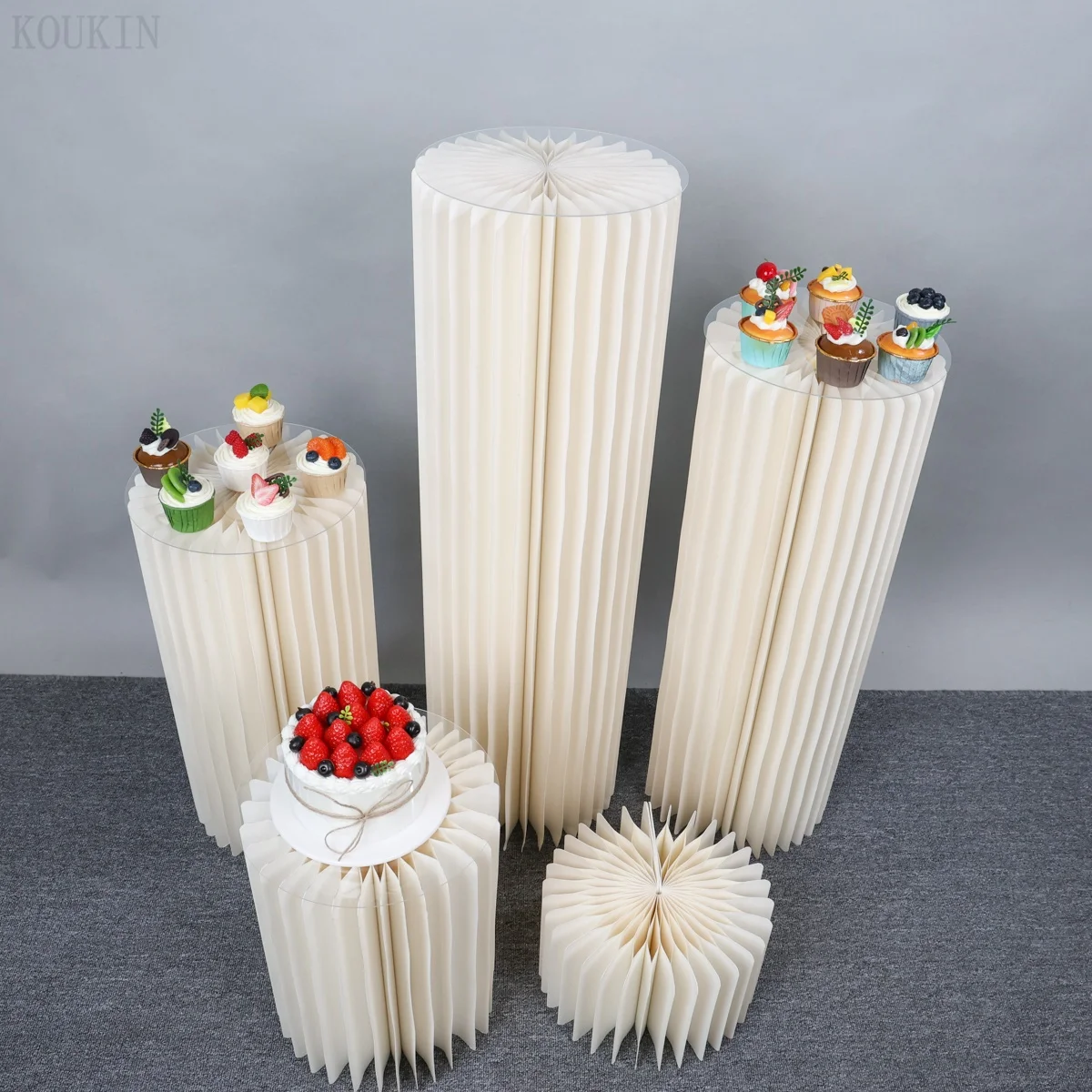 Weiße zylindrische Halterung, runder Kuchensockel, faltbarer Säulentisch aus Pappe, Party, Geburtstag, Babyparty, Hochzeitsdisplay Image
