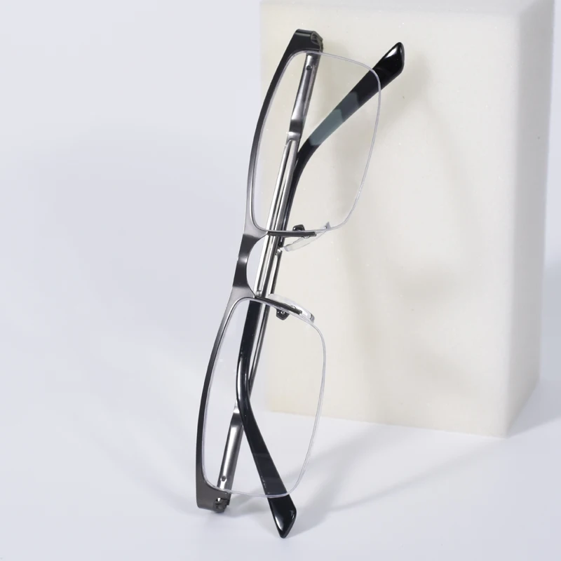 Schwarze Halbrahmen-Lesebrille mit quadratischem Blaulichtfilter für Herren, Computerlesebrille, Metallrahmen mit Federscharnier +125+175 Image