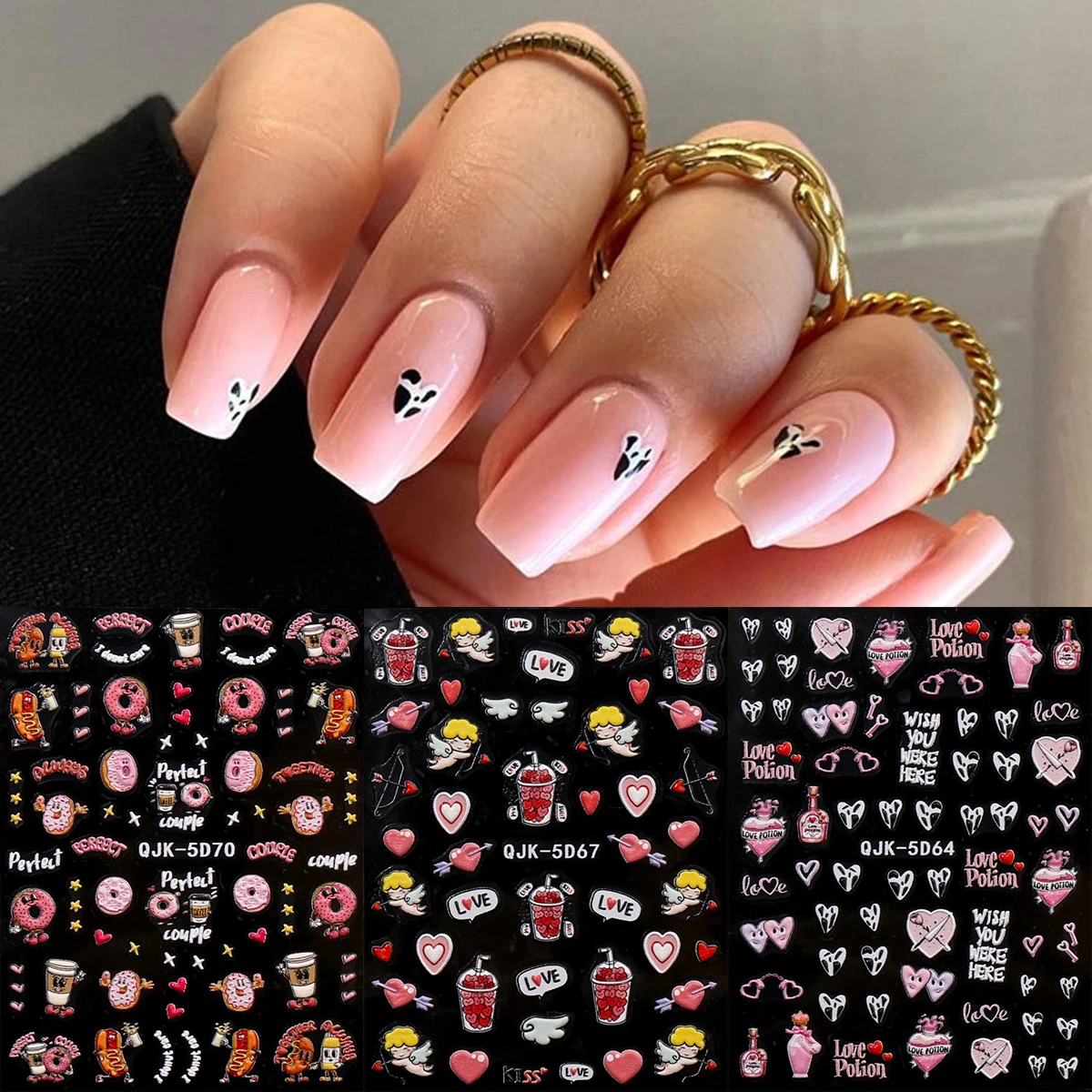 3 Stück exquisite geprägte Nagelkunstaufkleber zum Valentinstag – verschiedene Herzen, Donuts, Amor-Designs, DIY, Geschenk, Hochzeitsfeier-Make-up Image