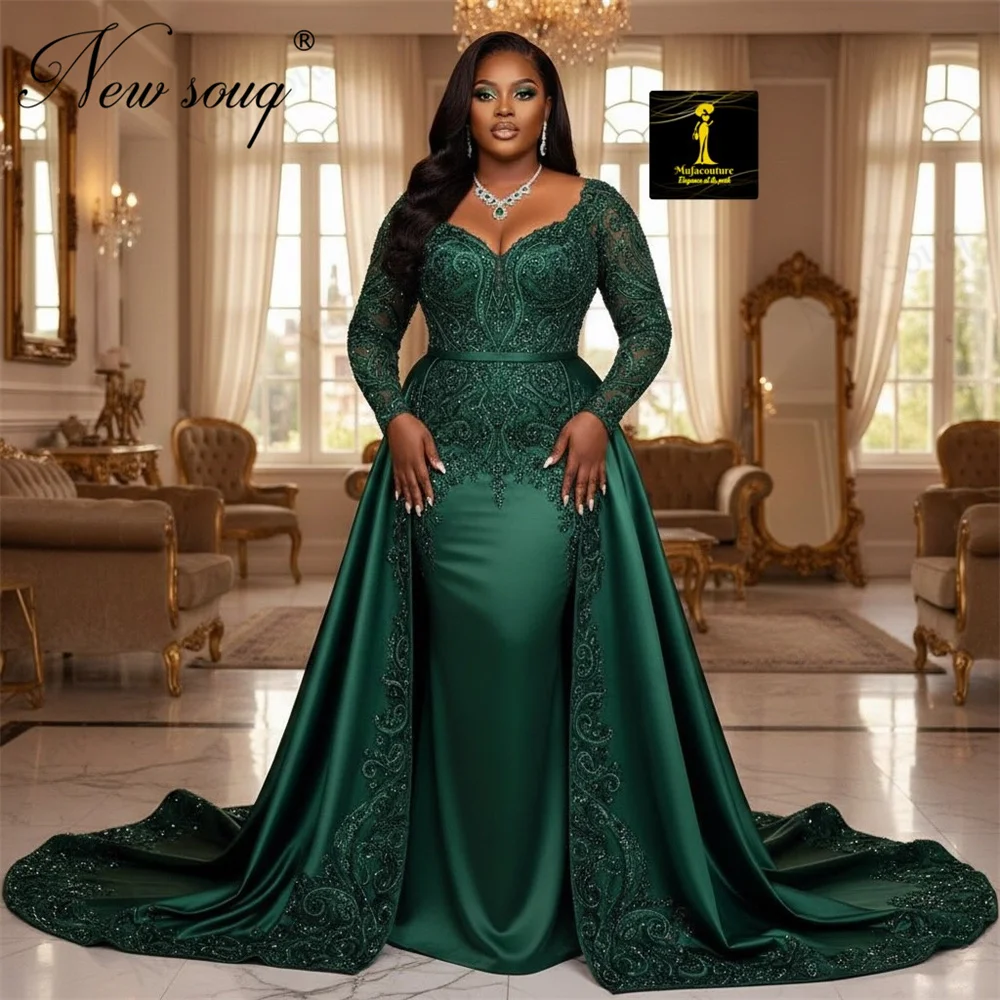 Nigeria Grüne Abendkleider mit langen Ärmeln und langer Schleppe, elegante Aso Ebi-Perlenapplikationen, Hochzeits-Party-Kleider, individueller Abschlussball