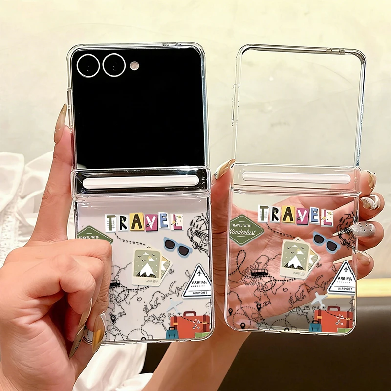 Magnetische Adsorptions-Handyhülle für Samsung Galaxy Z Flip7 Flip6 Flip5 Flip 7 FE 6 5 mit Reisekarten-Muster, Faltbare Hartschale Image