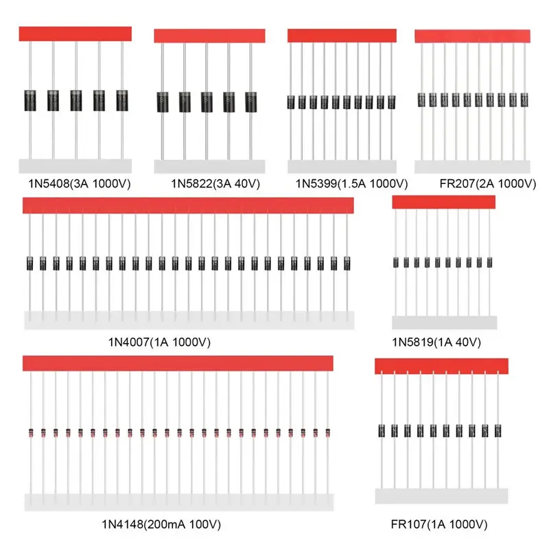 100 Stück, Schalt-Schottky-Dioden-Sortiment-Set 1N4148 1N4001 1N4004 1N4007 1N5408 UF4007 FR207 1N5817 1N5819 1N5822 RL207 Image