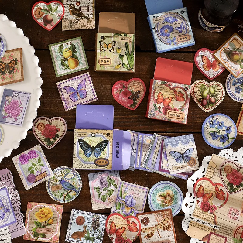46-teiliges Mini-Aufkleber-Set in Box, Schmetterlings- und Blumenmotiv, Vintage-Stil | Selbstklebend und ideal für Tagebuch-DIY Image