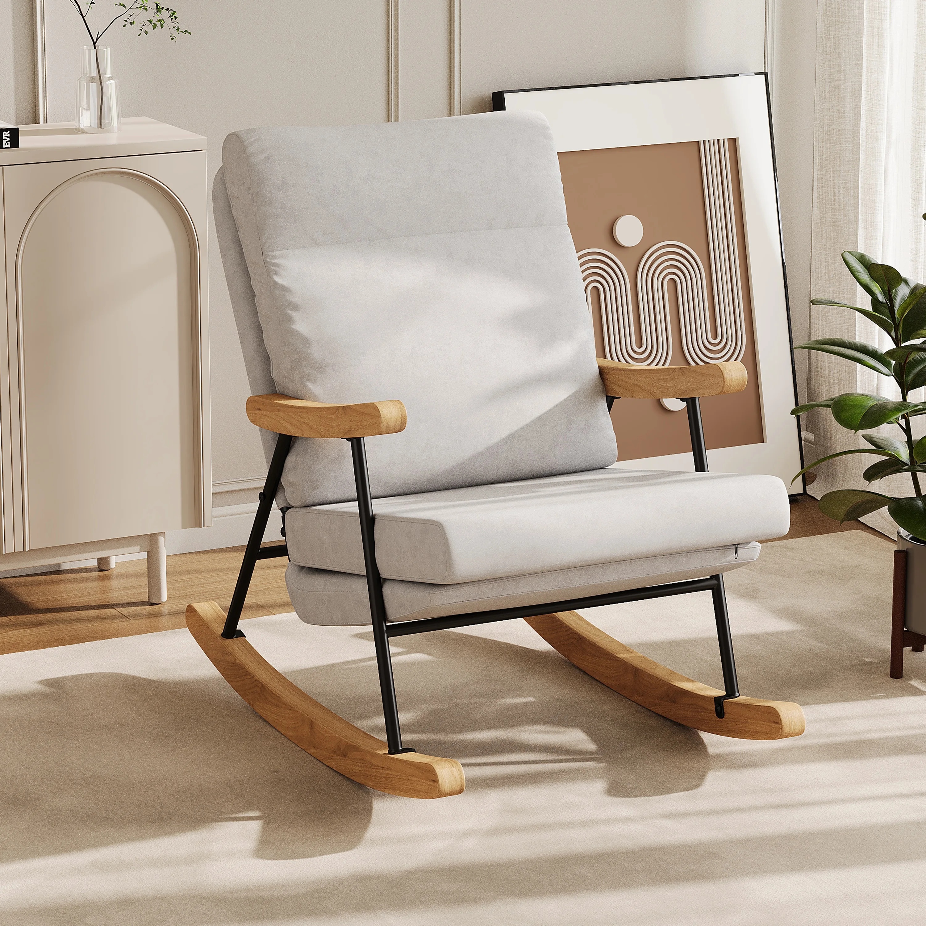Schaukelstuhl, Stillstuhl, Stillsessel, Schaukelsessel, Lesesessel mit Rückenlehne und Armlehne, Relaxsessel für Wohn, Schlaf, Baumwolle und Leinen, Grau