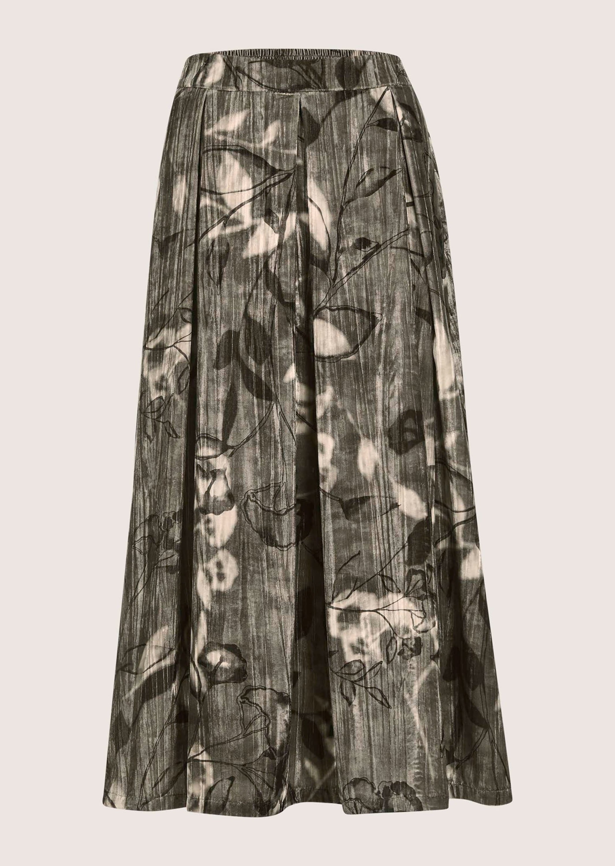 Midirock MADELEINE "Samtrock Eleganter Midirock mit floralem Design", Damen, Gr. 36, grau (bleigrau, multicolor), Obermaterial: 100% Polyester PES., Modern, Röcke, Samtrock in Midilänge mit floralem Print