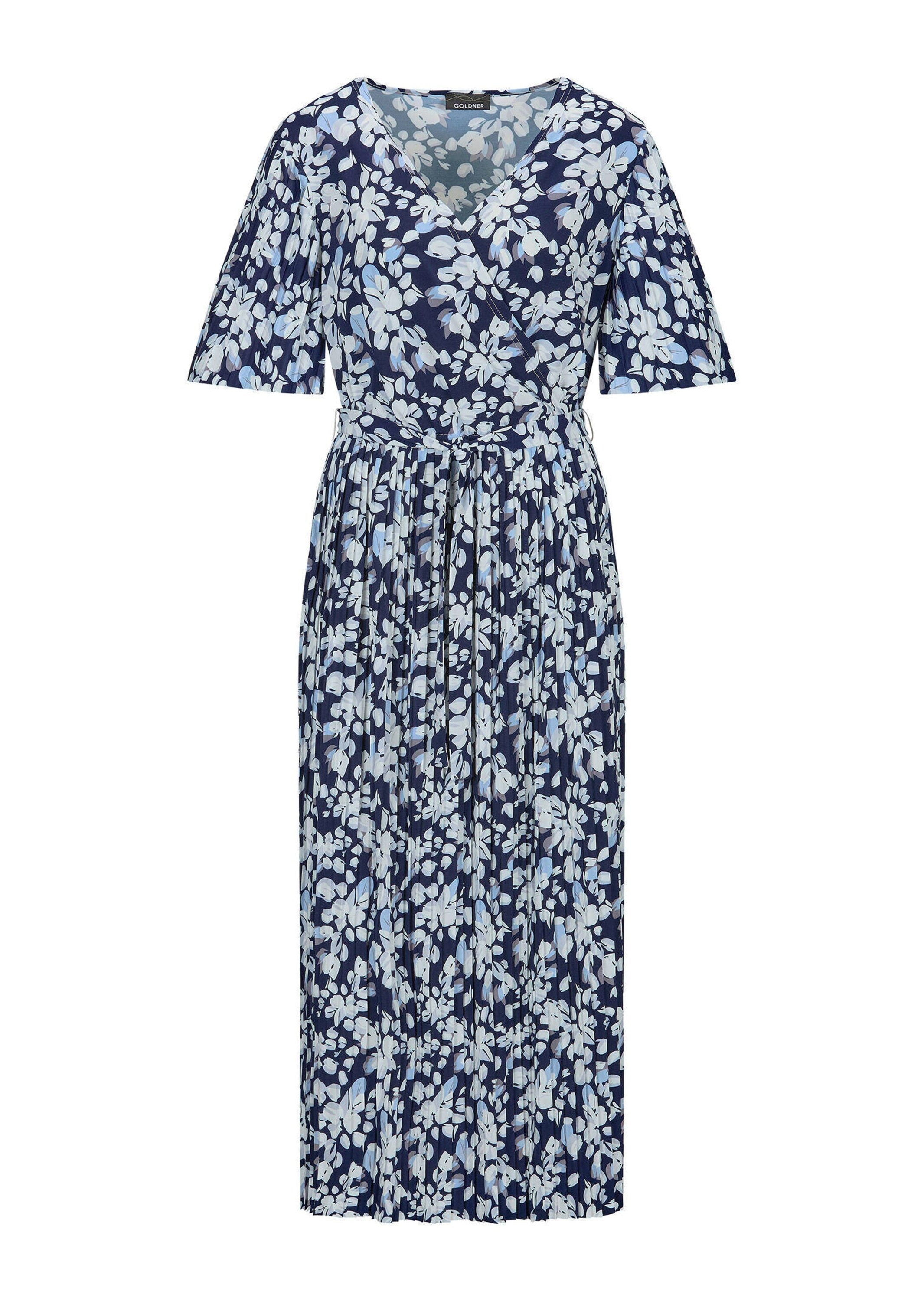 Sommerkleid GOLDNER "Elegantes Plisseekleid in Wickeloptik", Damen, Gr. 40, N-Gr, blau (marine, weiß, geblümt), Obermaterial: 92% Polyester PES. 8% Elasthan EL., Kleider Sommerkleid