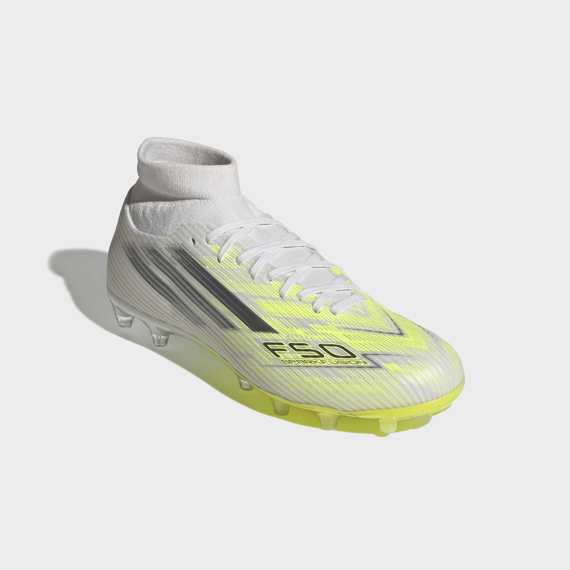 Fußballschuh ADIDAS PERFORMANCE "F50 SPARKFUSION LEAGUE MID CUT FG/AG", Damen, Gr. 40,5, cloud weiß, iron metallic, hi, res gelb, Synthetik, Textil, Schuhe Fußballschuh, für Rasen und Kunstrasenplätze geeignet