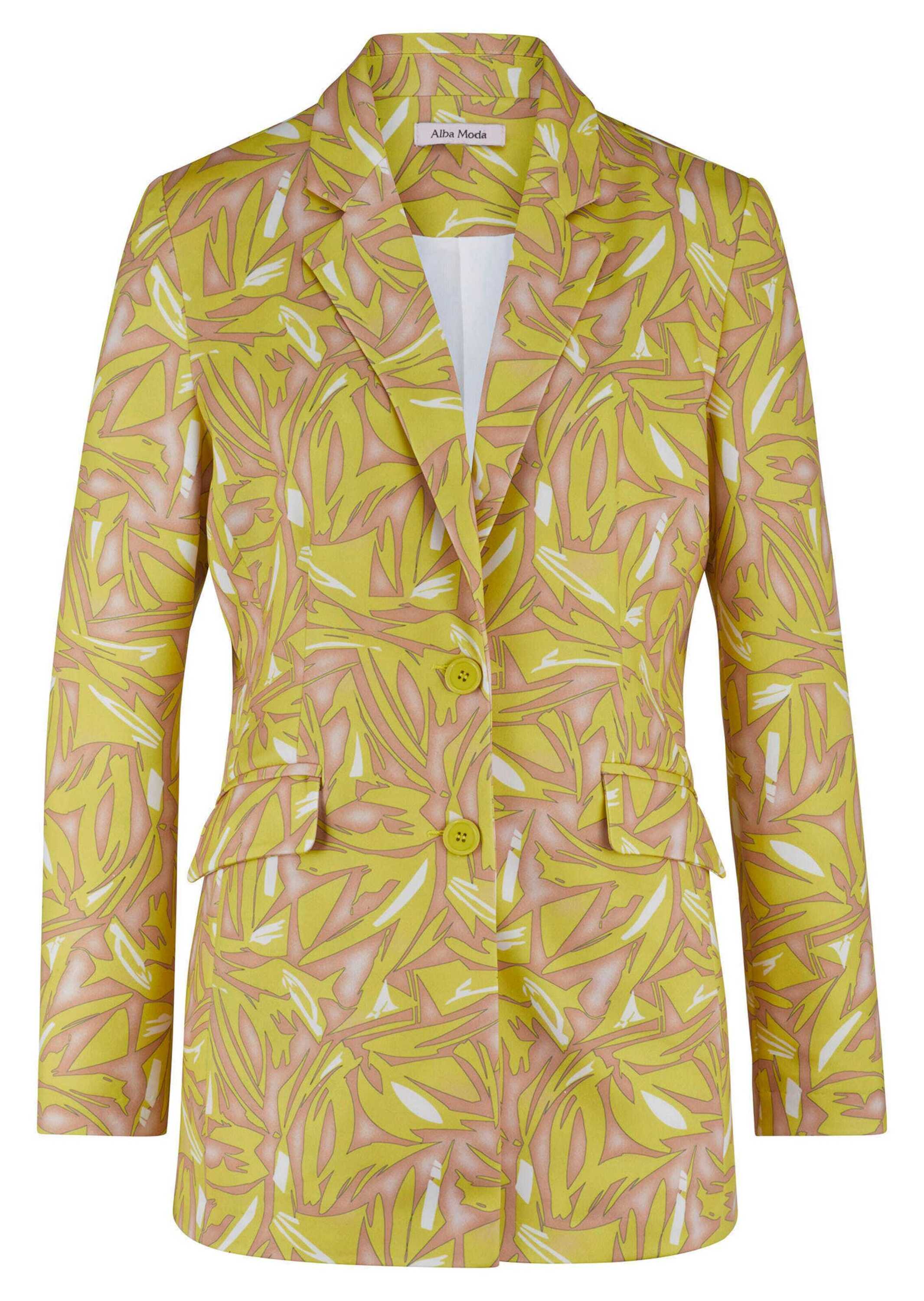 Jackenblazer ALBA MODA "Blazer Blazer mit grafischem Print", Damen, Gr. 46, grün (beige, limette), Obermaterial: 95% Polyester PES. 5% Elasthan EL., Blazer