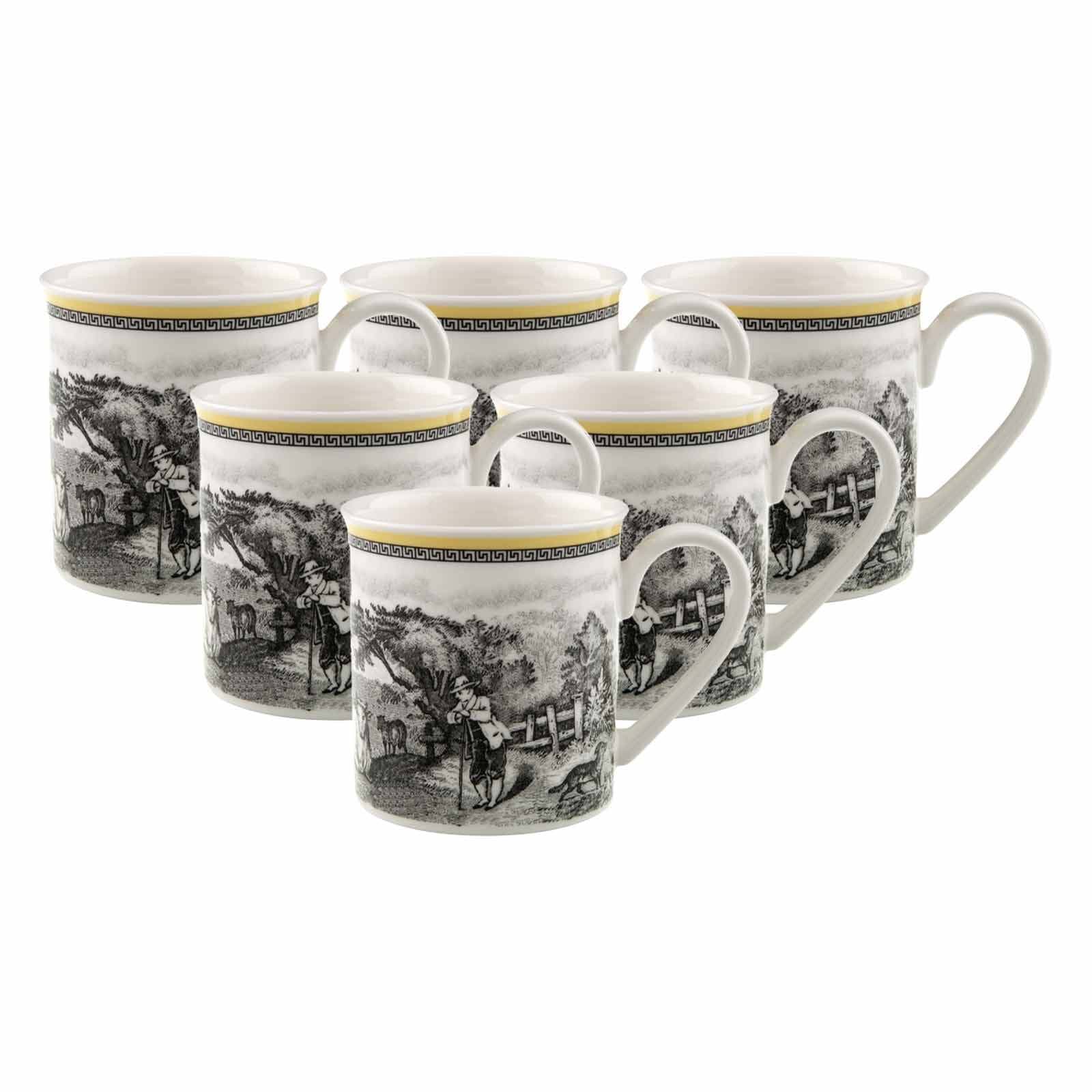 Becher VILLEROY & BOCH "Kaffeebecher Audun Ferme 300 ml 6er Set weiß-grau-gelb", bunt (weiß, grau, gelb), Porzellan, Trinkgefäße, Becher