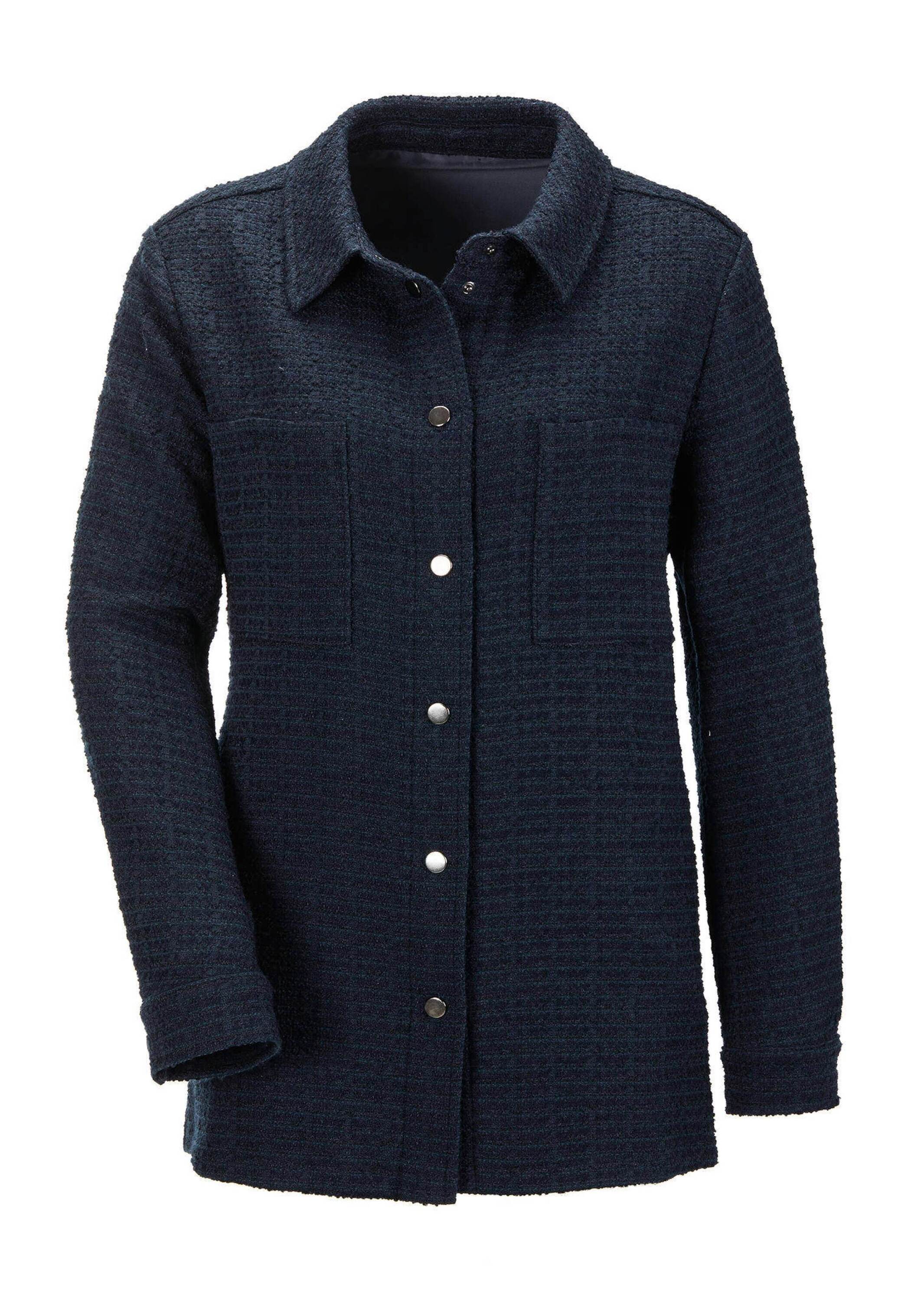 Hemdbluse GOLDNER "Kurzgröße Hemdjacke", Damen, Gr. 19, blau (marine), Obermaterial: 50% Polyester PES. 37% Viskose CV. 12% Baumwolle CO. 1% Elasthan EL., Manschette, Blusen Hemdbluse, Seitennahtschlitze Image