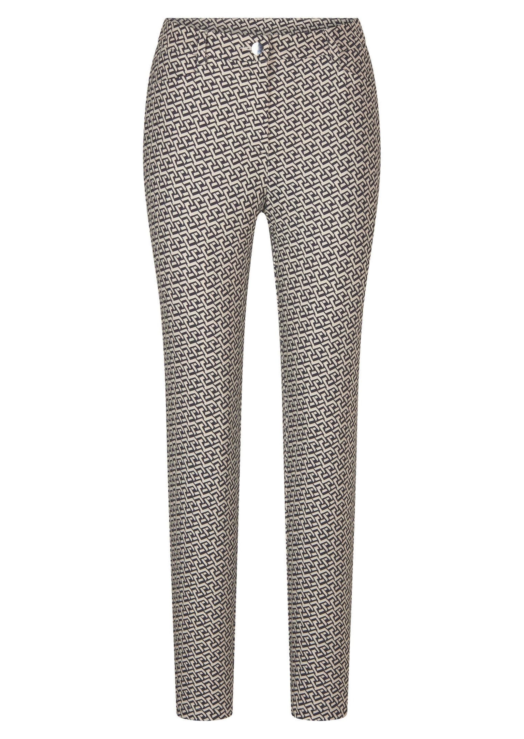 Stoffhose GOLDNER "Kurzgröße Slim Fit Printhose mit hohem Bund", Damen, Gr. 24, K-Gr, beige (beige, schwarz, gemustert), Obermaterial: 89% Polyester PES. 11% Elasthan EL., Hosen Stoffhose