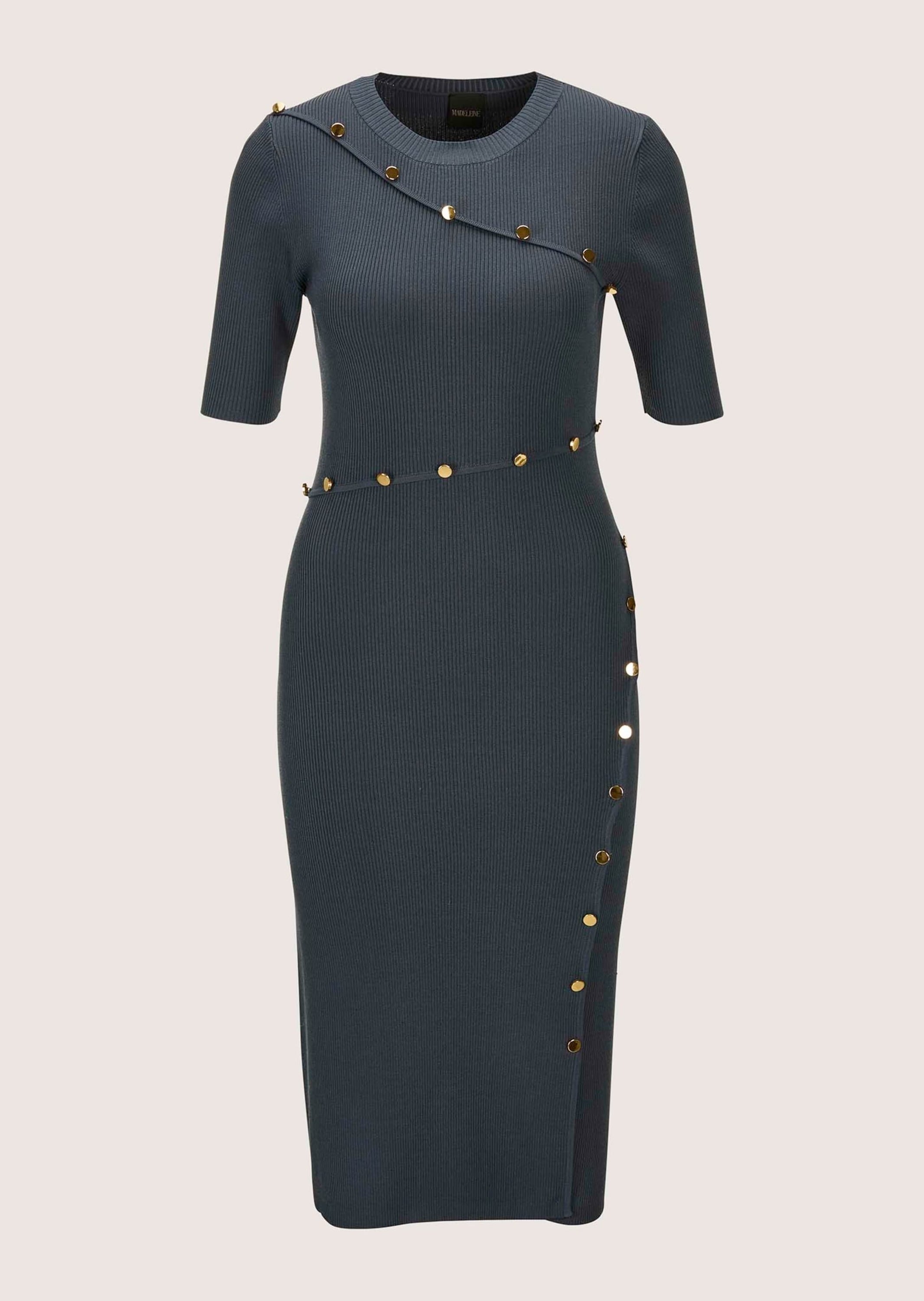 Strickkleid MADELEINE "Strickkleid Elegantes Kleid mit Zierknöpfen", Damen, Gr. 44, N-Gr, blau (nebelblau), Obermaterial: 56% Viskose CV. 44% Polyamid PA., Modern, Kleider Strickkleid, Schmuckknöpfe