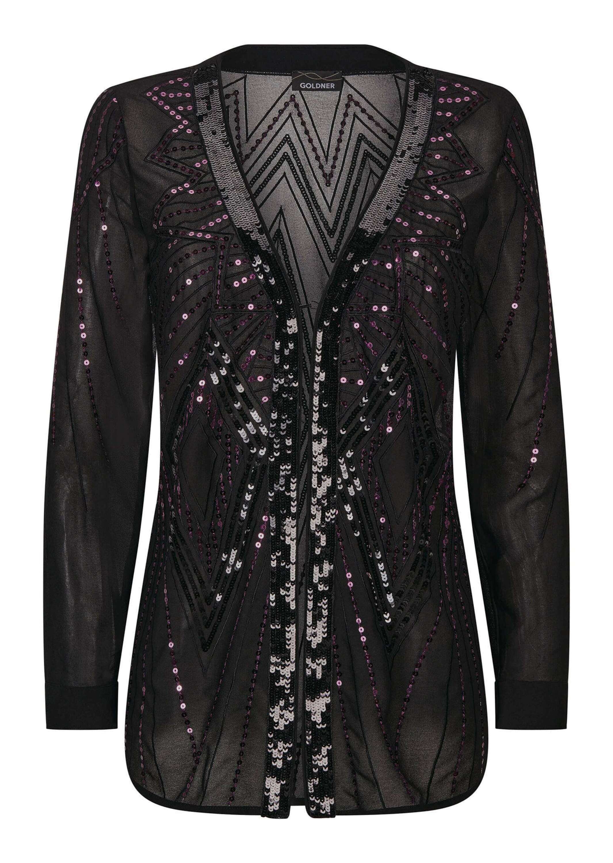 Chiffonbluse GOLDNER "Kurzgröße Edle Pailletten-Jacke mit V-Ausschnitt", Damen, Gr. 24, schwarz (schwarz, beere, gemustert), Obermaterial: 100% Polyester PES., V-Ausschnitt, Blusen Chiffonbluse, Pailletten Image