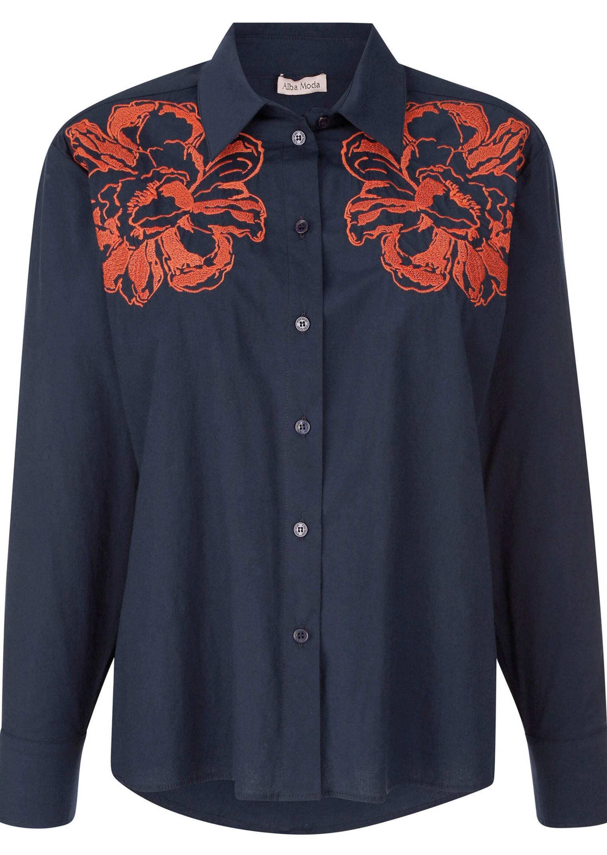 Hemdbluse ALBA MODA "Hemdbluse Hemdbluse mit Stickerei-Akzenten", Damen, Gr. 42, blau (marine), Obermaterial: 98% Baumwolle CO. 2% Elasthan EL., Blusen Hemdbluse