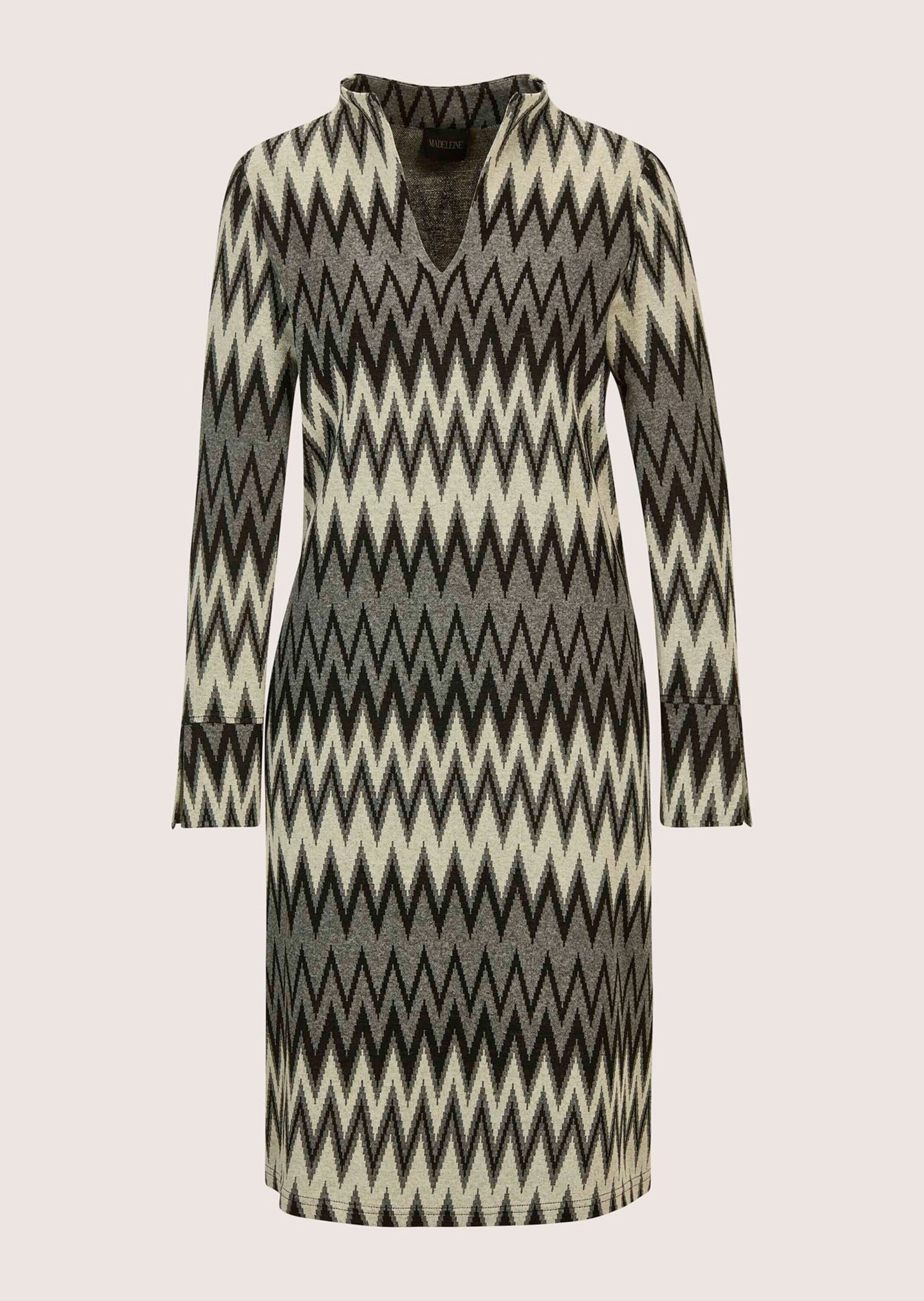 Sommerkleid MADELEINE "Kleid Elegantes Kleid mit Zick-Zack-Muster", Damen, Gr. 42, N-Gr, grau (grau, wollweiß, multicolor), Obermaterial: 63% Viskose CV. 31% Polyacryl PAN. 3% Elasthan EL. 3% Polyamid PA., Kleider Sommerkleid