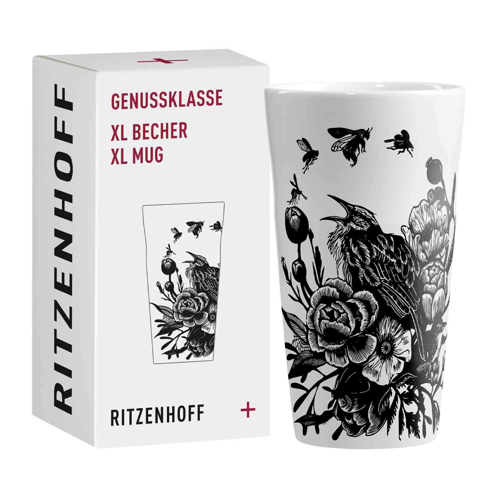Becher RITZENHOFF "Kaffeebecher XL Genussklasse 525 ml schwarz-weiß", bunt (schwarz, weiß), 1 tlg., Porzellan, Trinkgefäße, Becher
