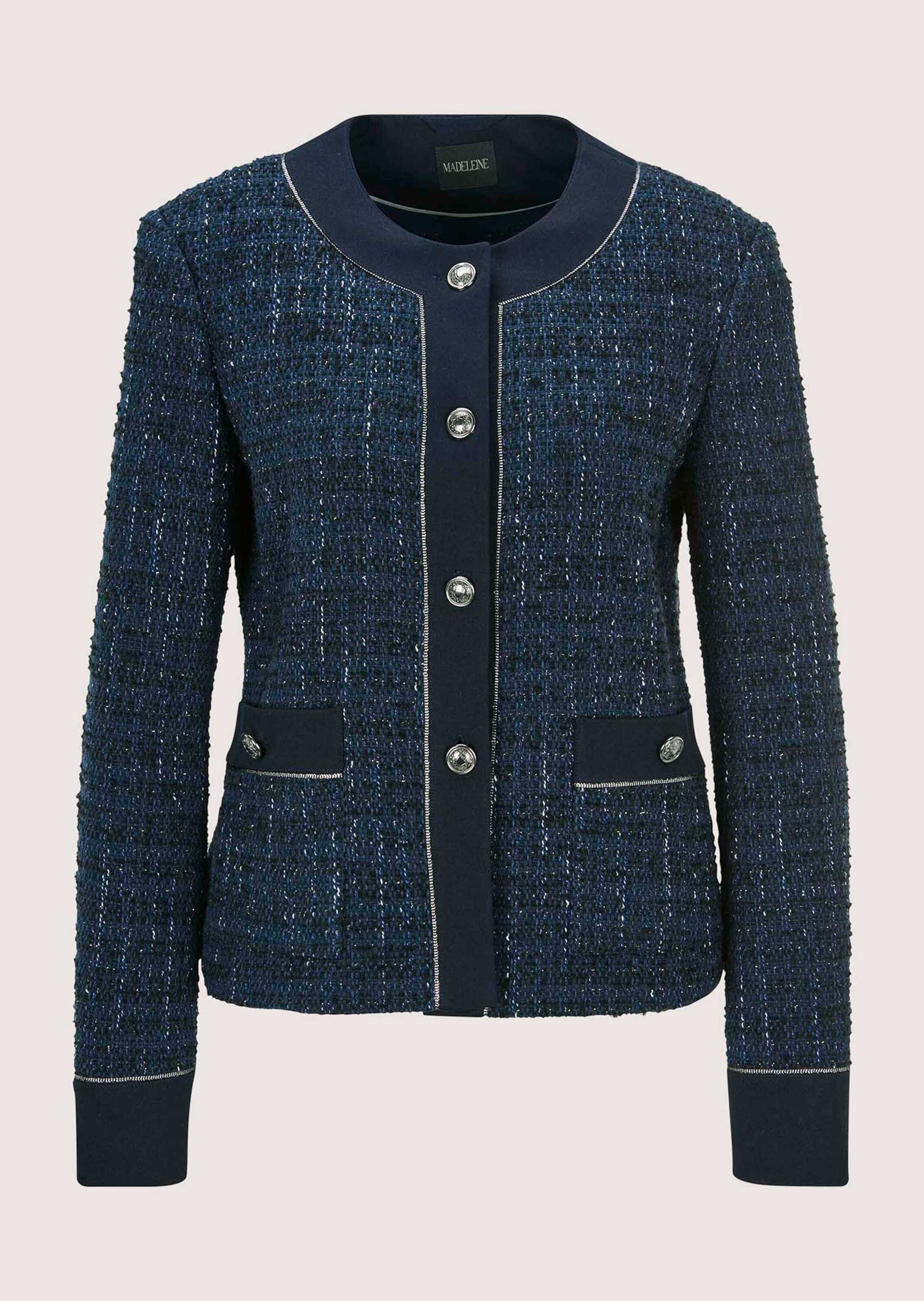Jackenblazer MADELEINE "Tweed-Blazer Eleganter Damenblazer mit kurzem Schnitt", Damen, Gr. 38, blau (marine, wollweiß, melange), Obermaterial: 55% Baumwolle CO. 21% Polyester PES. 18% Polyacryl PAN. 4% sonstige Fasern AF. 1% Polyamid PA., Blazer