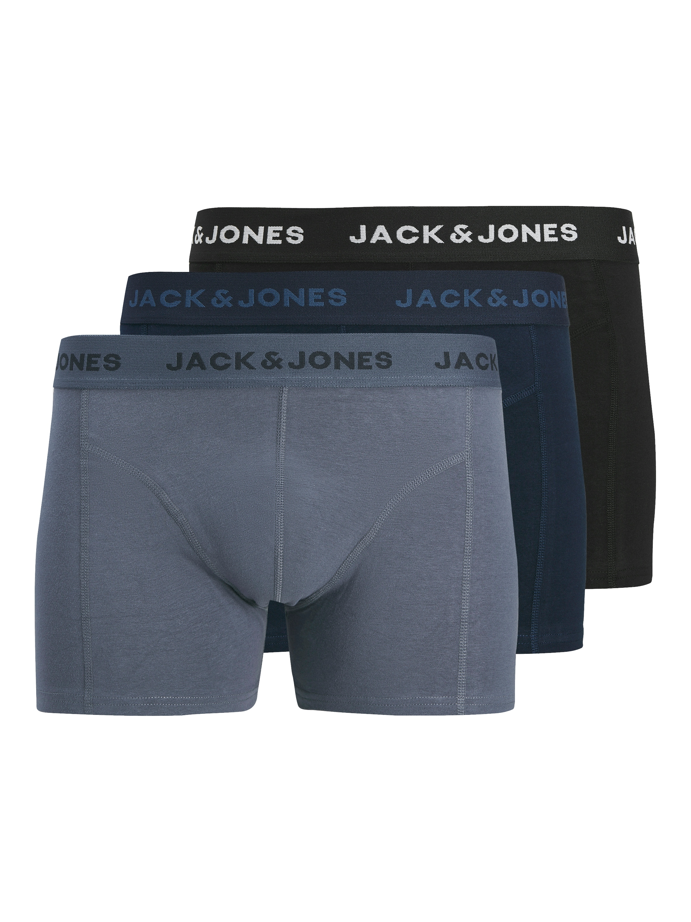 Trunk JACK & JONES "JACJEREMIAH SOLID TRUNKS 3 PACK", Herren, Gr. S, 3 Stk., navy blazer pack:schwarz, vintage indigo, Jersey, Obermaterial: 95% Baumwolle, 5% Elasthan, unifarben, bequem, Unterhosen