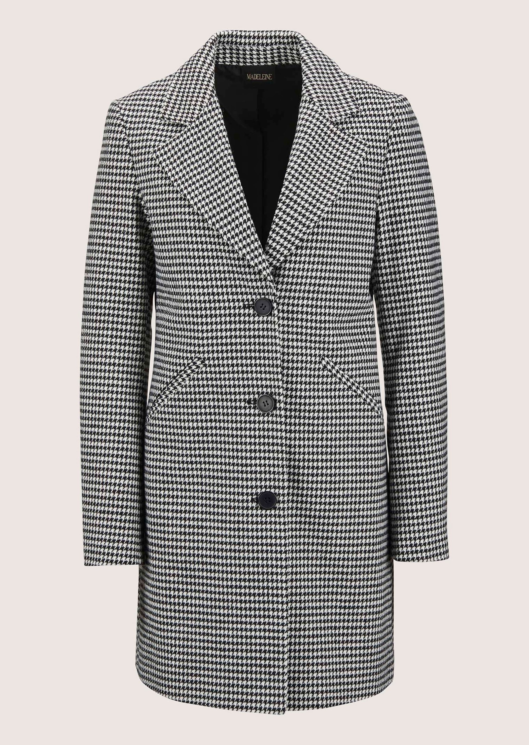 Langmantel MADELEINE "Mantel Mantel mit Hahnentritt-Muster", Damen, Gr. 34, schwarz (schwarz, wollweiß), Obermaterial: 100% Polyester PES., Mäntel