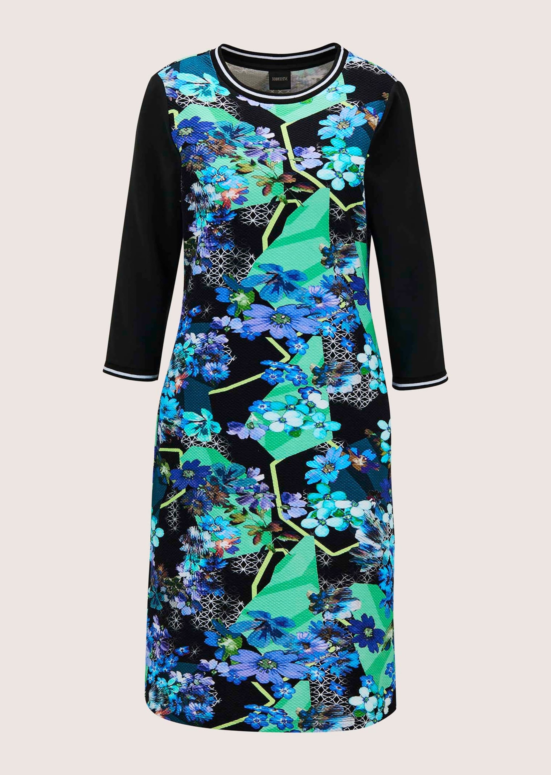 Sommerkleid MADELEINE "Kleid Farbenfrohes Jersey-Kleid", Damen, Gr. 38, N-Gr, blau (türkis, multicolor), Obermaterial: 60% Baumwolle CO. 35% Polyester PES. 5% Elasthan EL., Modern, Kleider Sommerkleid, Kontratsstarke Blende