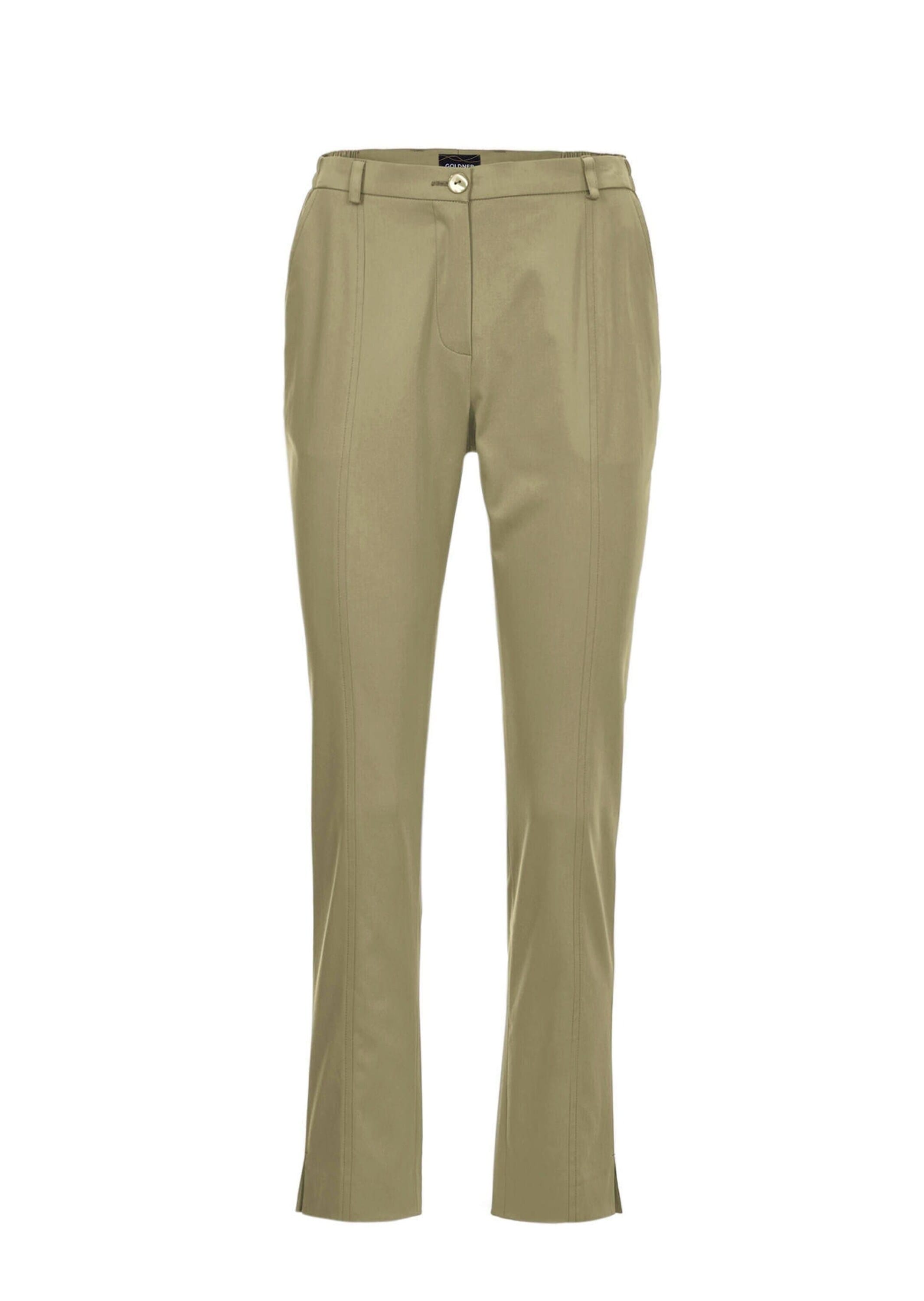 Stoffhose GOLDNER "Sportive Hose Anna aus trageangenehmen Satin", Damen, Gr. 44, N-Gr, grün (schilf), Obermaterial: 64% Baumwolle CO. 33% Polyester PES. 3% Elasthan EL., Hosen Stoffhose