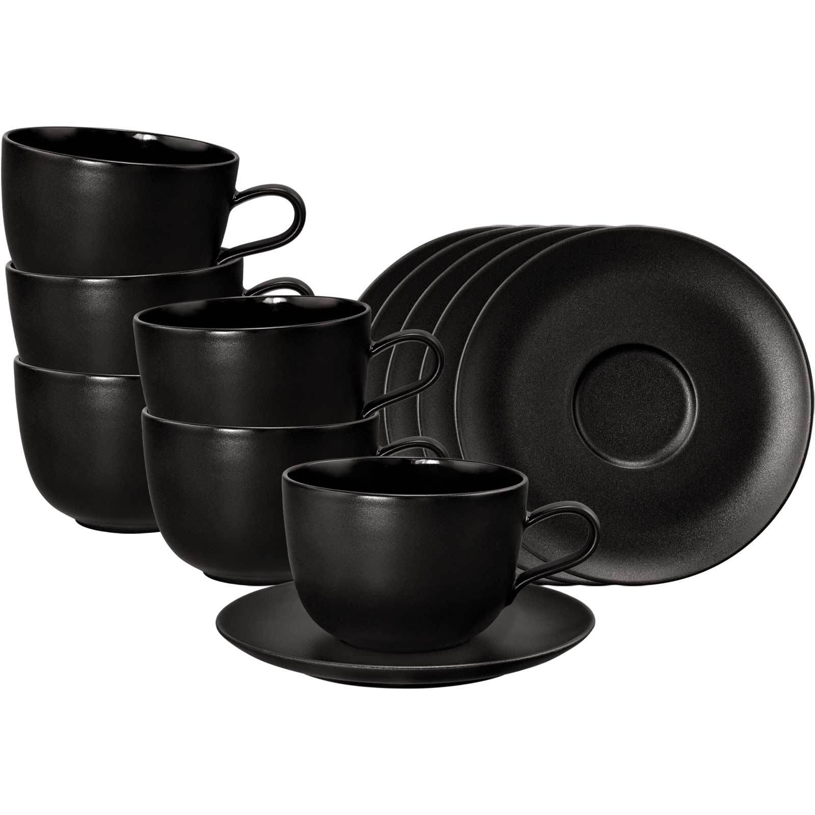 Tasse SELTMANN WEIDEN "Milchkaffeetassen mit Untertassen Liberty Velvet Black 400 ml 6er Set schwarz", schwarz, 6 tlg., Porzellan, Trinkgefäße, Tasse