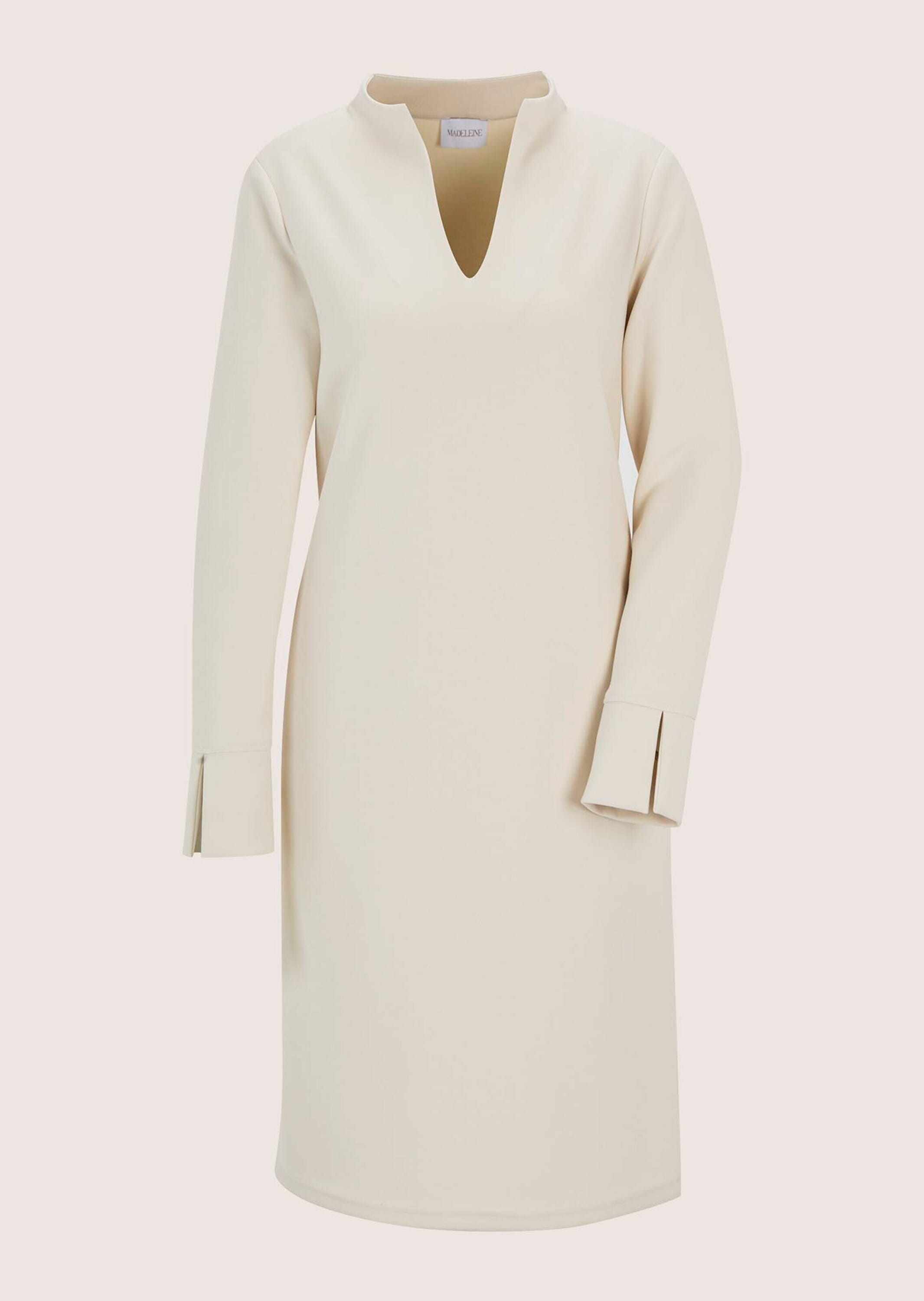 Jerseykleid MADELEINE "Etuikleid Elegantes Kleid mit Kelchkragen", Damen, Gr. 44, N-Gr, weiß (perlweiß), Obermaterial: 50% Polyamid PA. 45% Viskose CV. 5% Elasthan EL., Kleider Jerseykleid