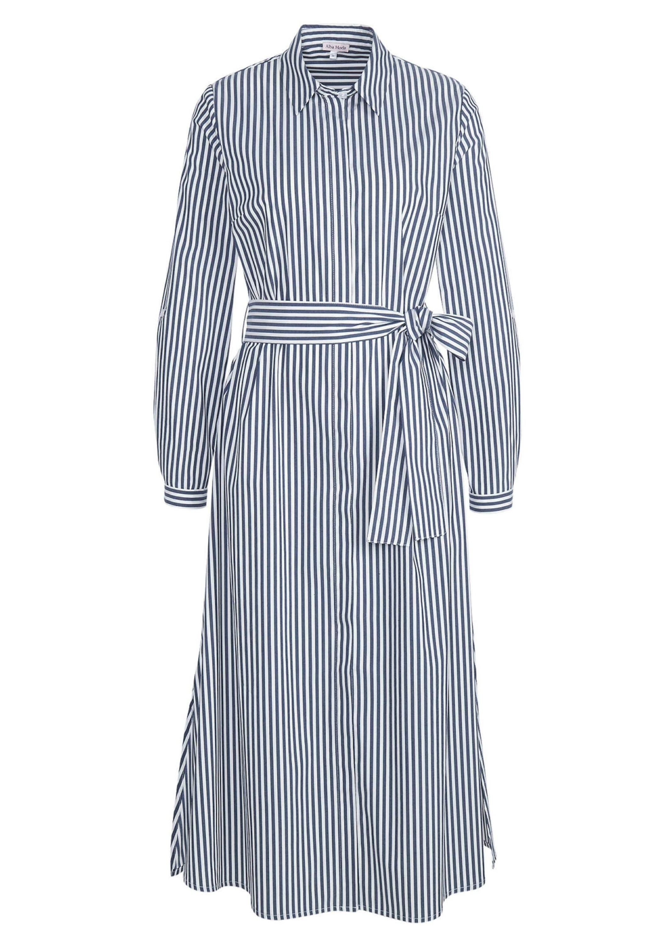 Midikleid ALBA MODA "Kleid Kleid", Damen, Gr. 42, N + K Gr, blau (marine, weiß), Obermaterial: 76% Baumwolle CO. 22% Polyester PES. 2% Elasthan EL., Modern, figurbetont, Kleider Midikleid