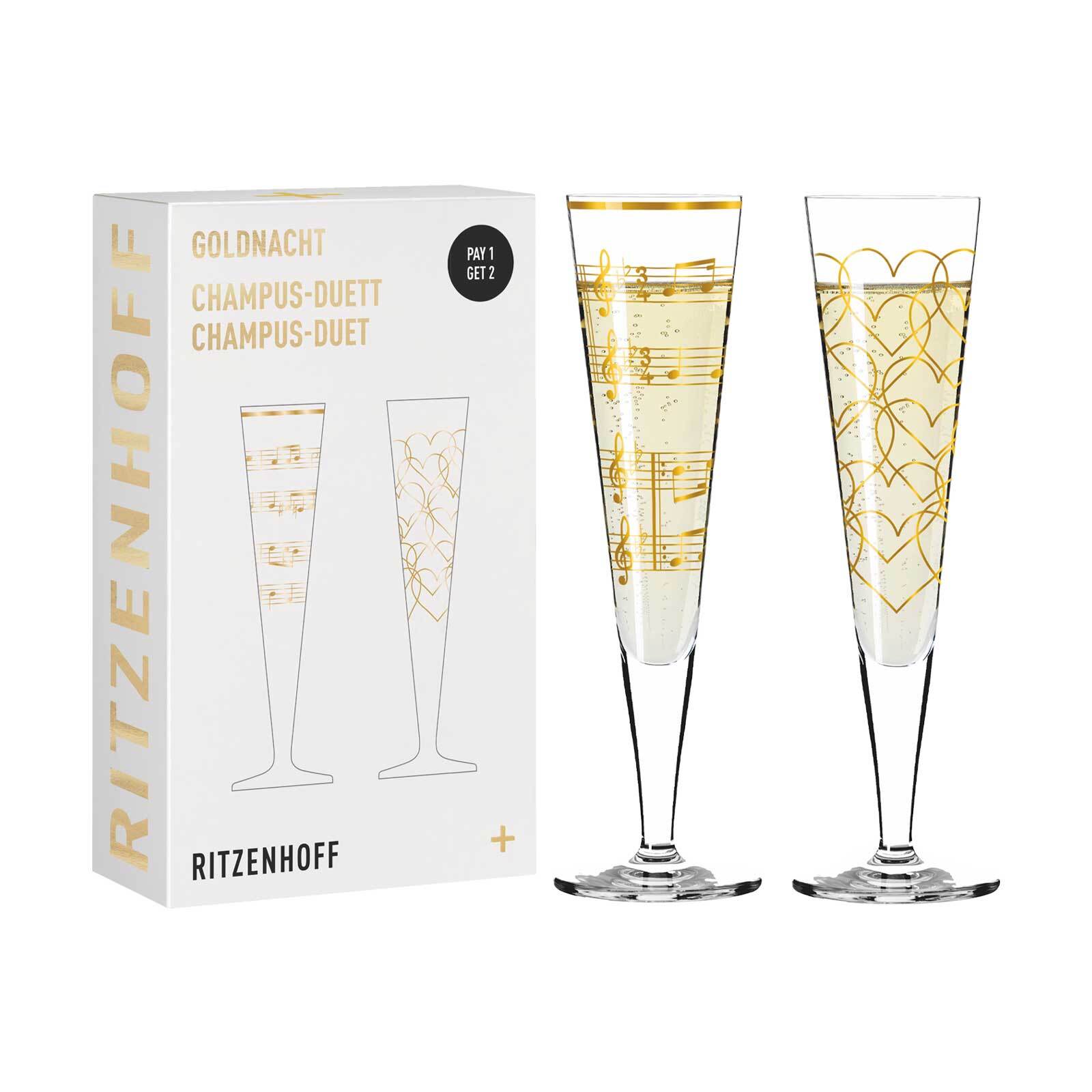 Champagnerglas RITZENHOFF "Champagnergläser Goldnacht 205 ml 2er Set gold", gold, 2 tlg., Kristallglas, Trinkgefäße