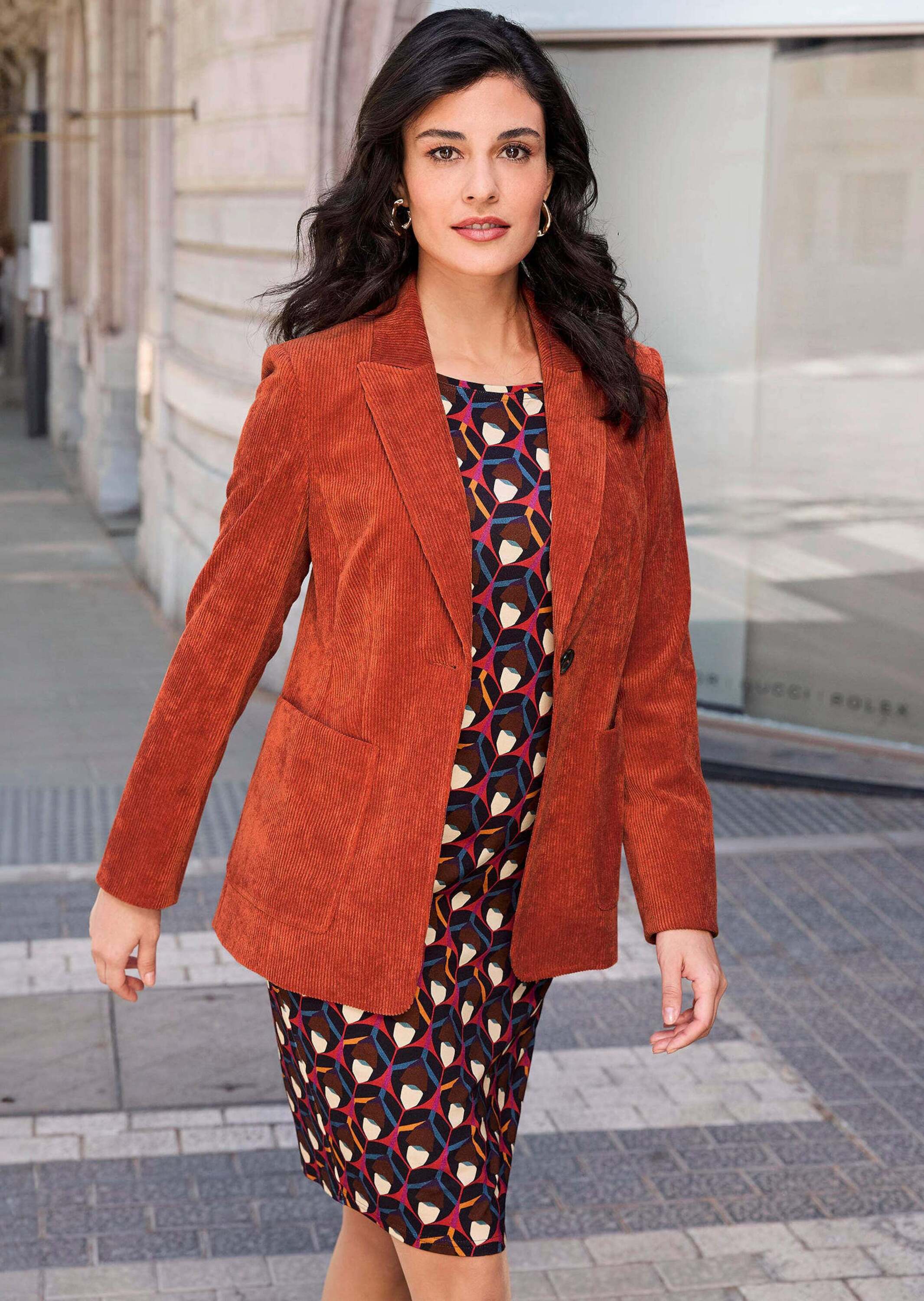 Jerseyblazer ALBA MODA "Cordblazer Cordblazer", Damen, Gr. 44, orange, Obermaterial: 82% Polyester PES. 15% Polyamid PA. 3% Elasthan EL., Blazer