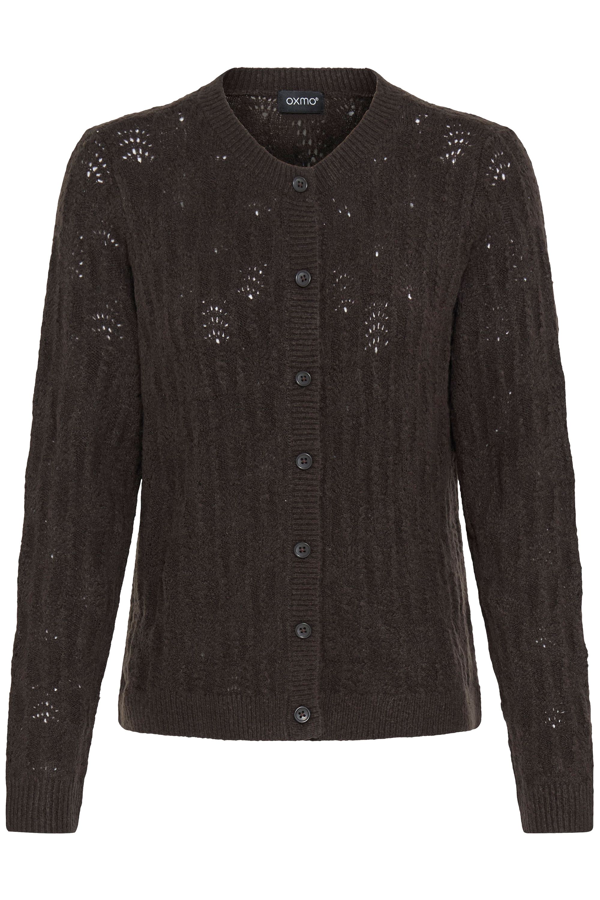 Strickjacke OXMO "Strickjacke OXFSINVA", Damen, Gr. M, braun (chocolate torte melange), Obermaterial: 76% Polyacryl PAN. 21% Polyester PES. 3% Elasthan EL., Strickjacken Strickjacke